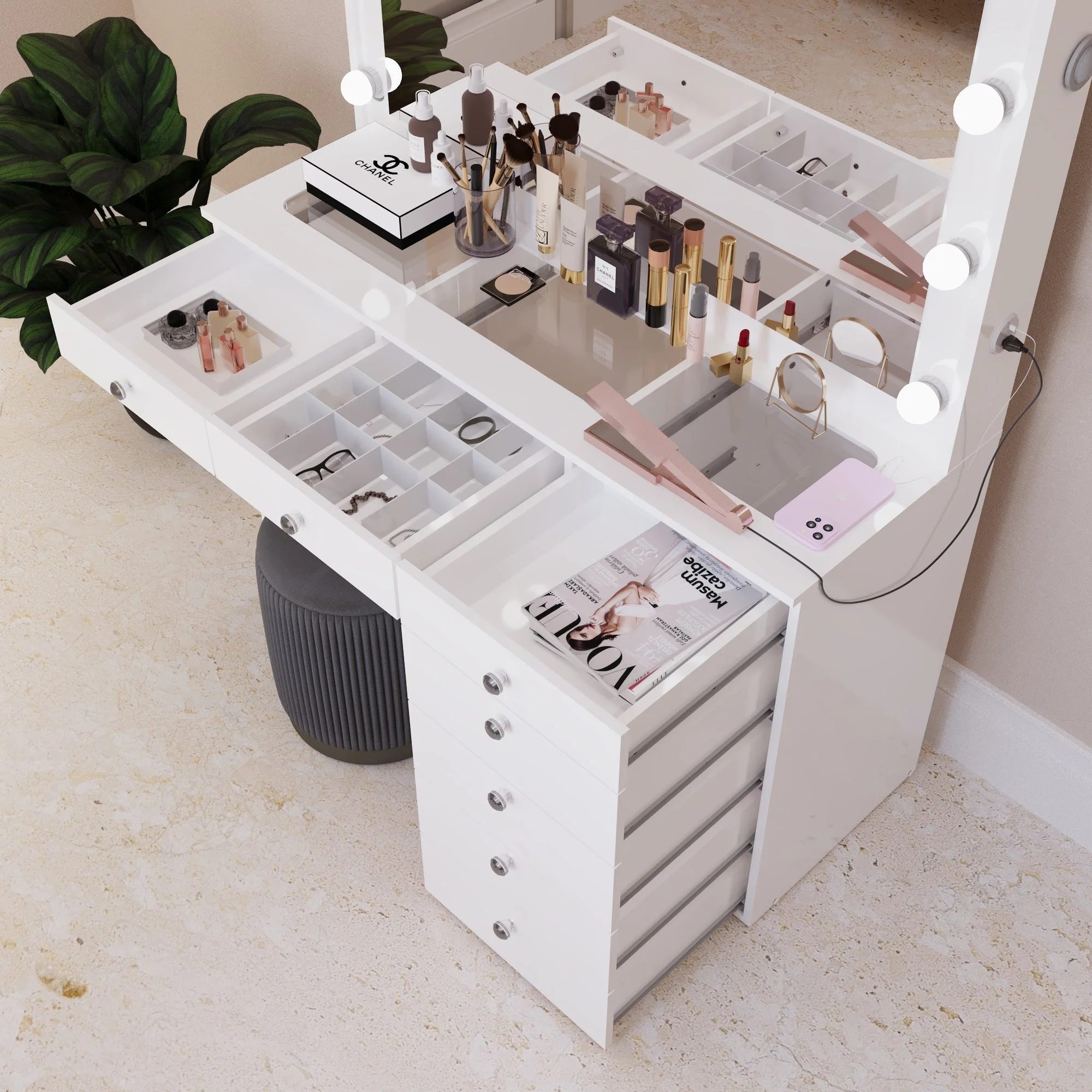 Ember Interiors Modern Large Greige Makeup Vanity Desk with Built-in Lights, Power Outlet with USB Type-C, Glass Top, 7 Drawers and Crystal Knobs