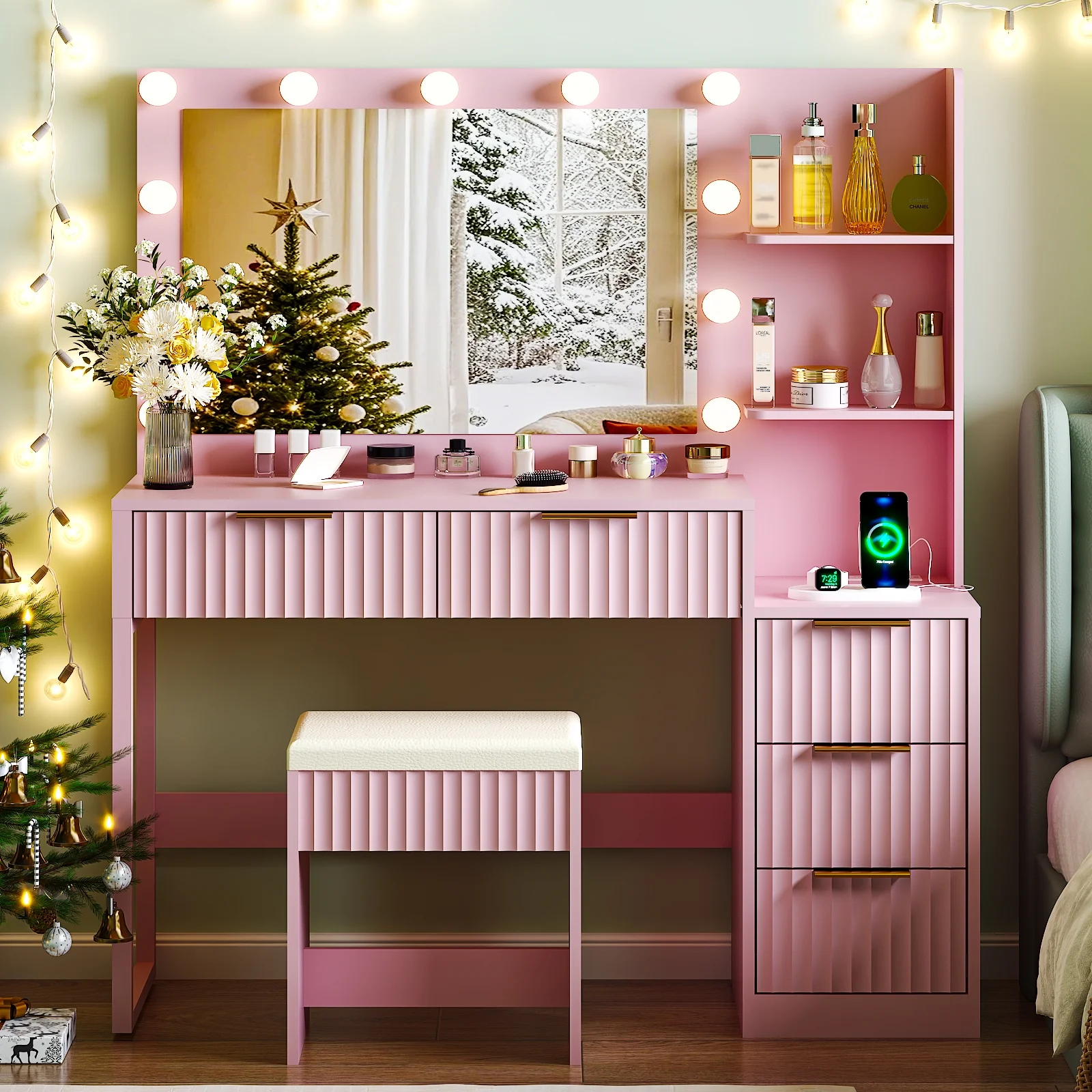 Ktaxon Flutted Makeup Vanity Table Set with 5 Drawer, Dressing Table w/Charging Station, Vanity Desk for Femal Gift, White
