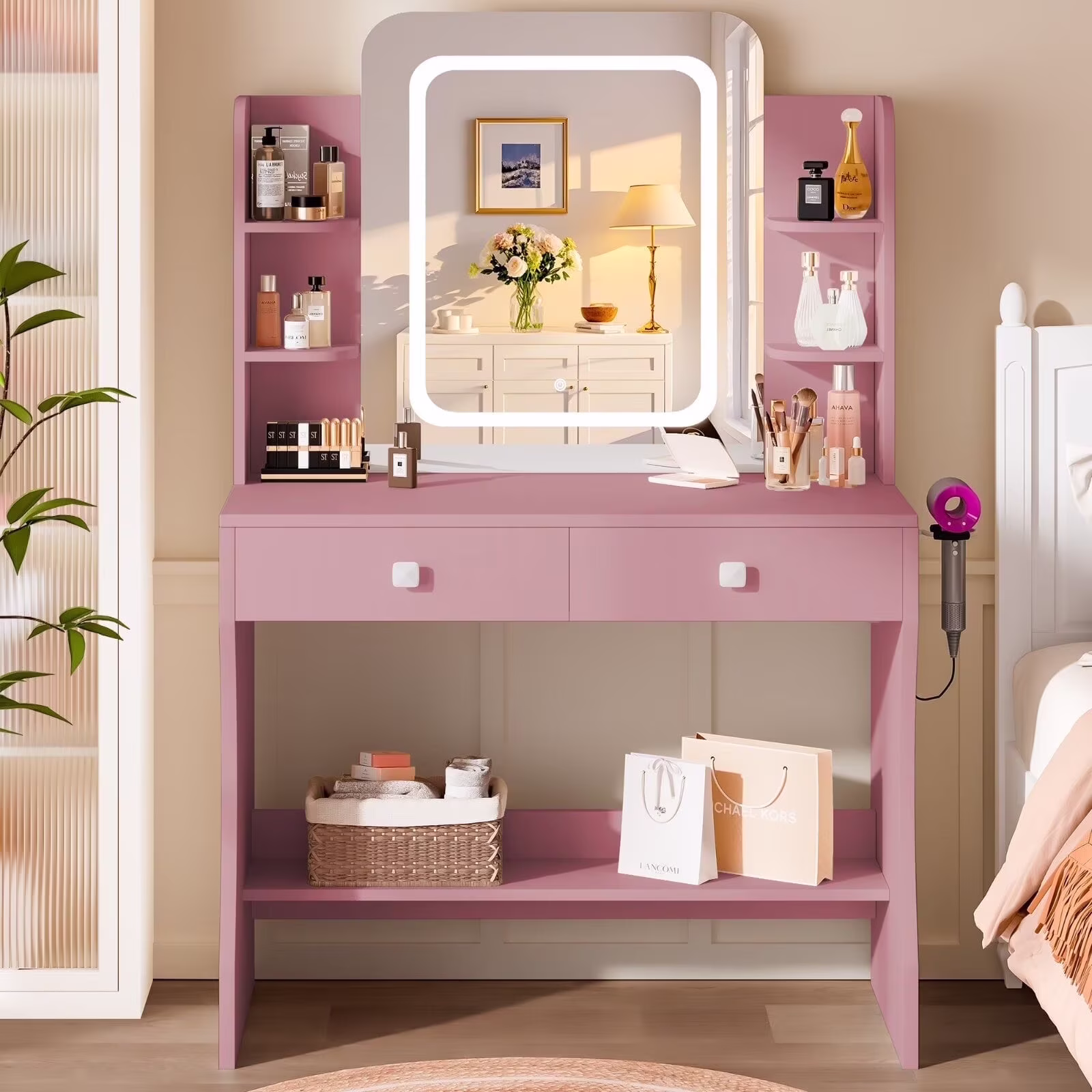 LIVELYGLOW Vanity Desk Set with Square Mirror and Light- Small Vanity Table with Drawers- White