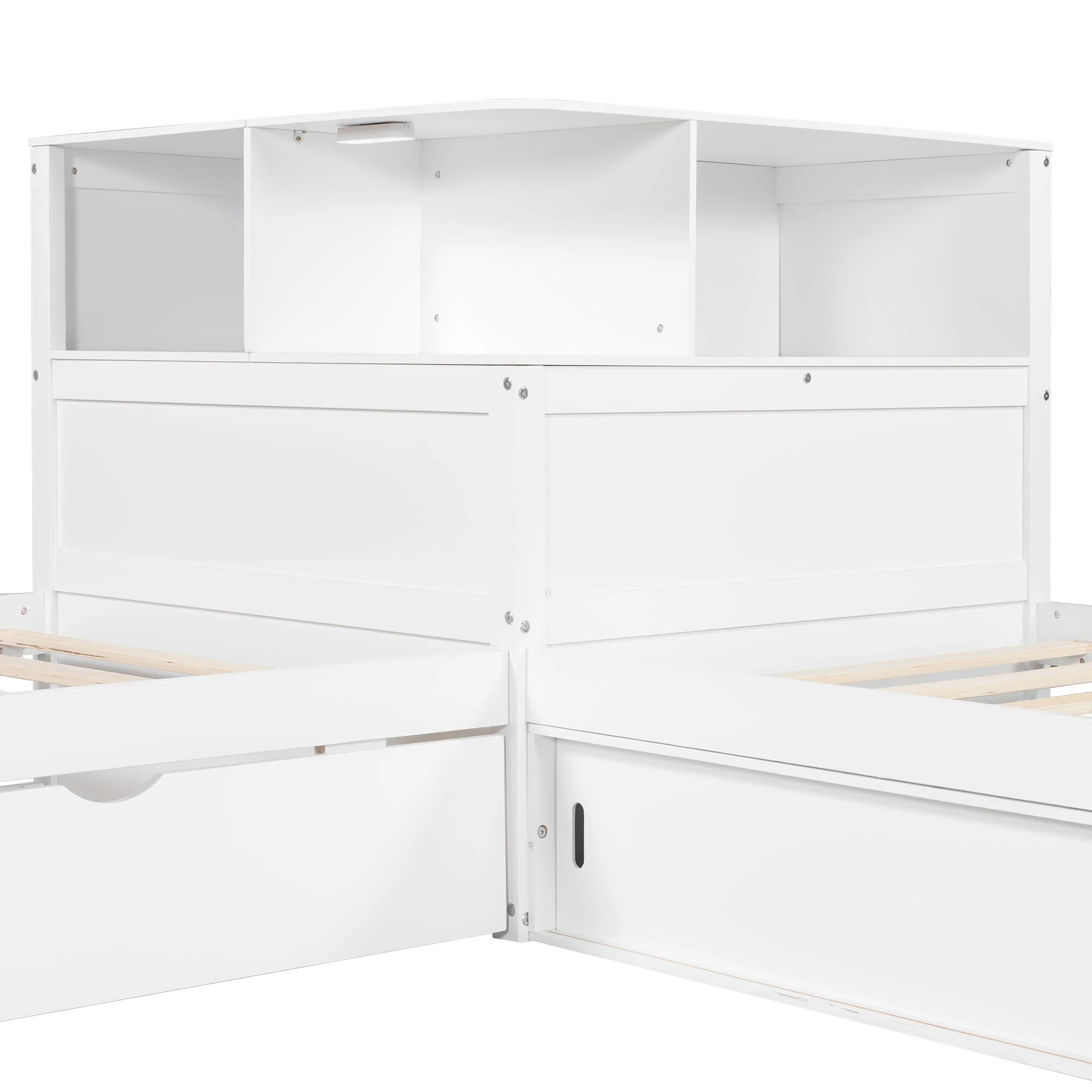 Euroco Pine Wood L-Shaped Twin Platform Bed with Storage Desk, Cabinets, Trundle and LED Light for Kids Teens, Gray