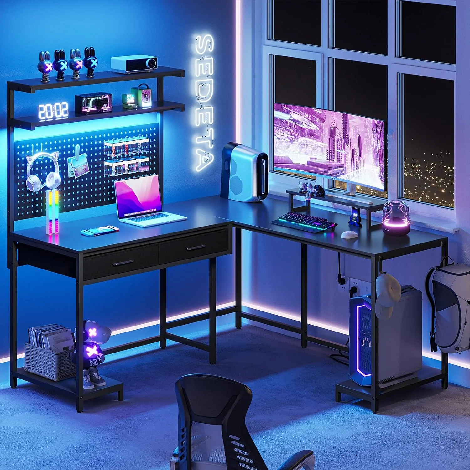 SEDETA White L Shaped Gaming Desk with LED Lights and Drawers, Gaming Desk with Hutch & Pegboard, Computer Desk with Monitor Stand, Storage Shelves, Home Office Desk Corner Desk, Gaming Table
