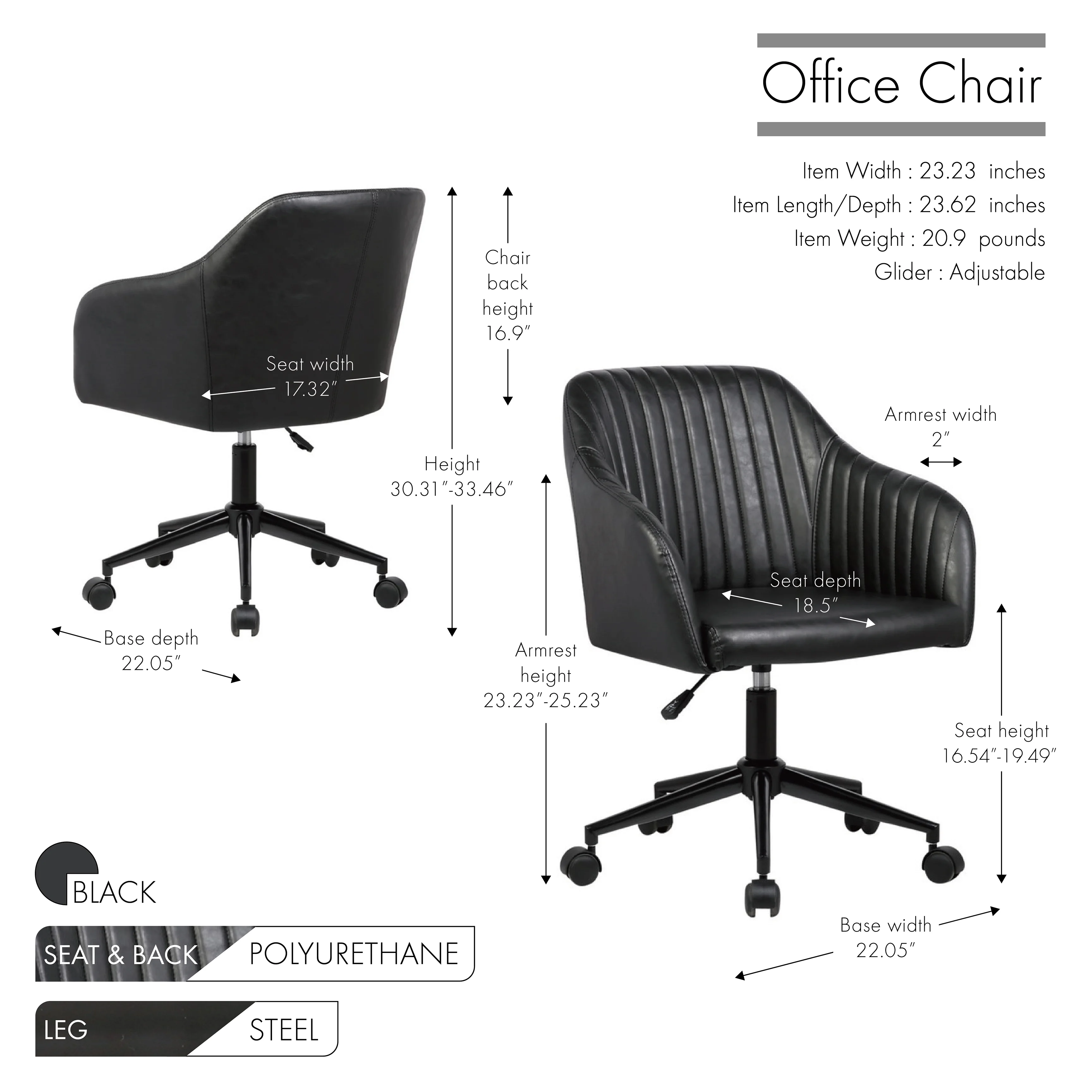 Porthos Home Madison Office Desk Chair, Tufted PU Leather Upholstery