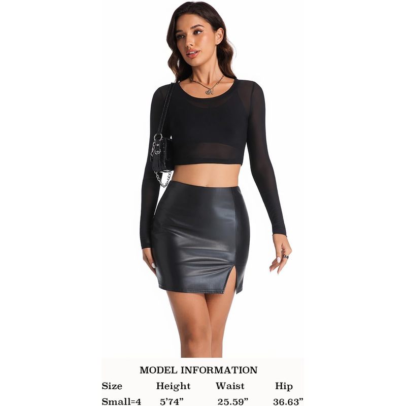 Women's Black Leather Skirts High Waisted High Side Slit Bodycon Mini Skirts
