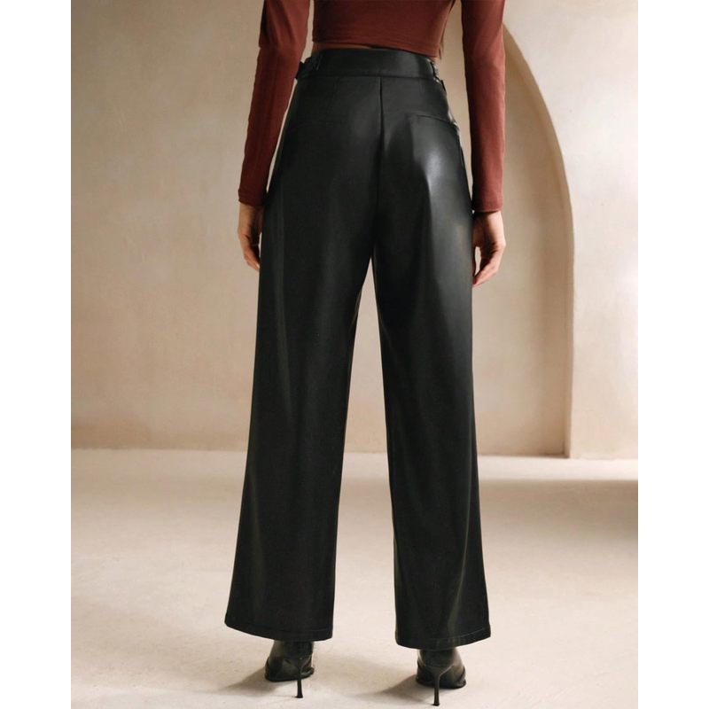 Women Faux Leather Pants High Waist Wide Leg