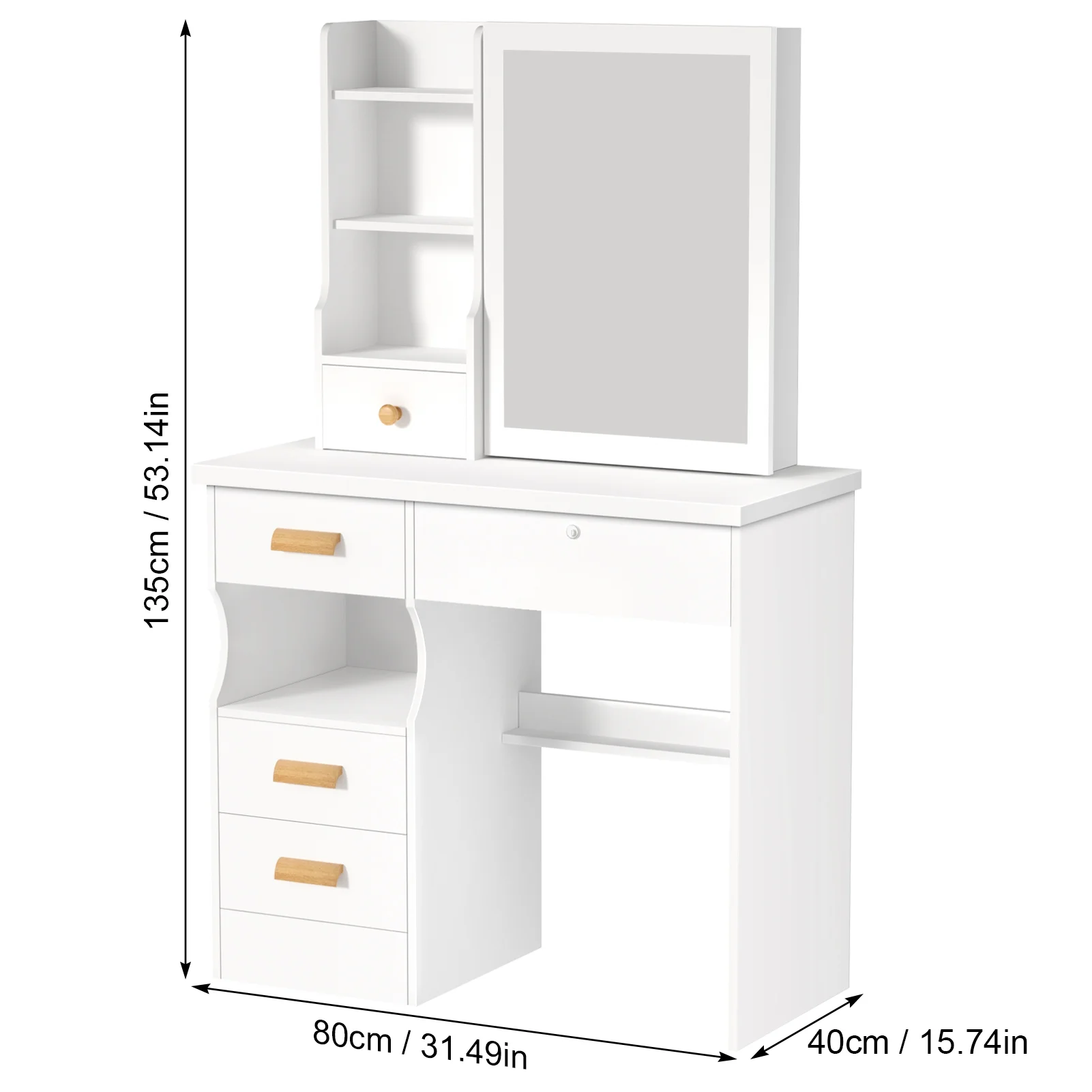 Lorelo Vanity Desk with Sliding Mirror, Bedroom Dressing Table, Makeup Table with 5 Drawers & Shelves, Hidden Storage Space