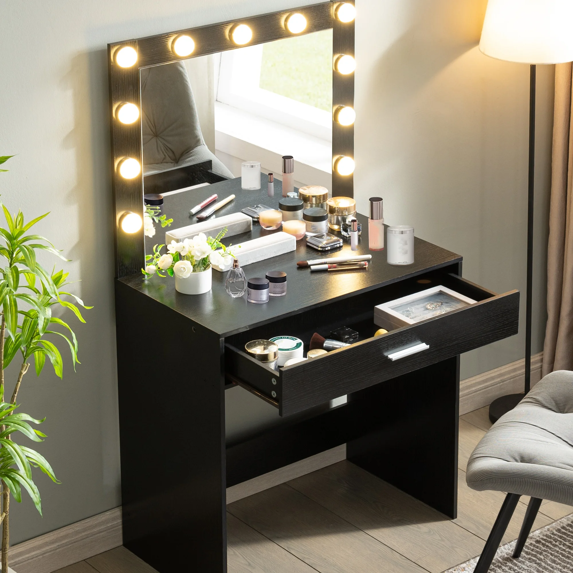 Vanity Desk With Mirror, Makeup Table Desk With Drawer, 3 Lighting Modes Adjustable Brightness Vanity Makeup Table For Small Space Home Living Room