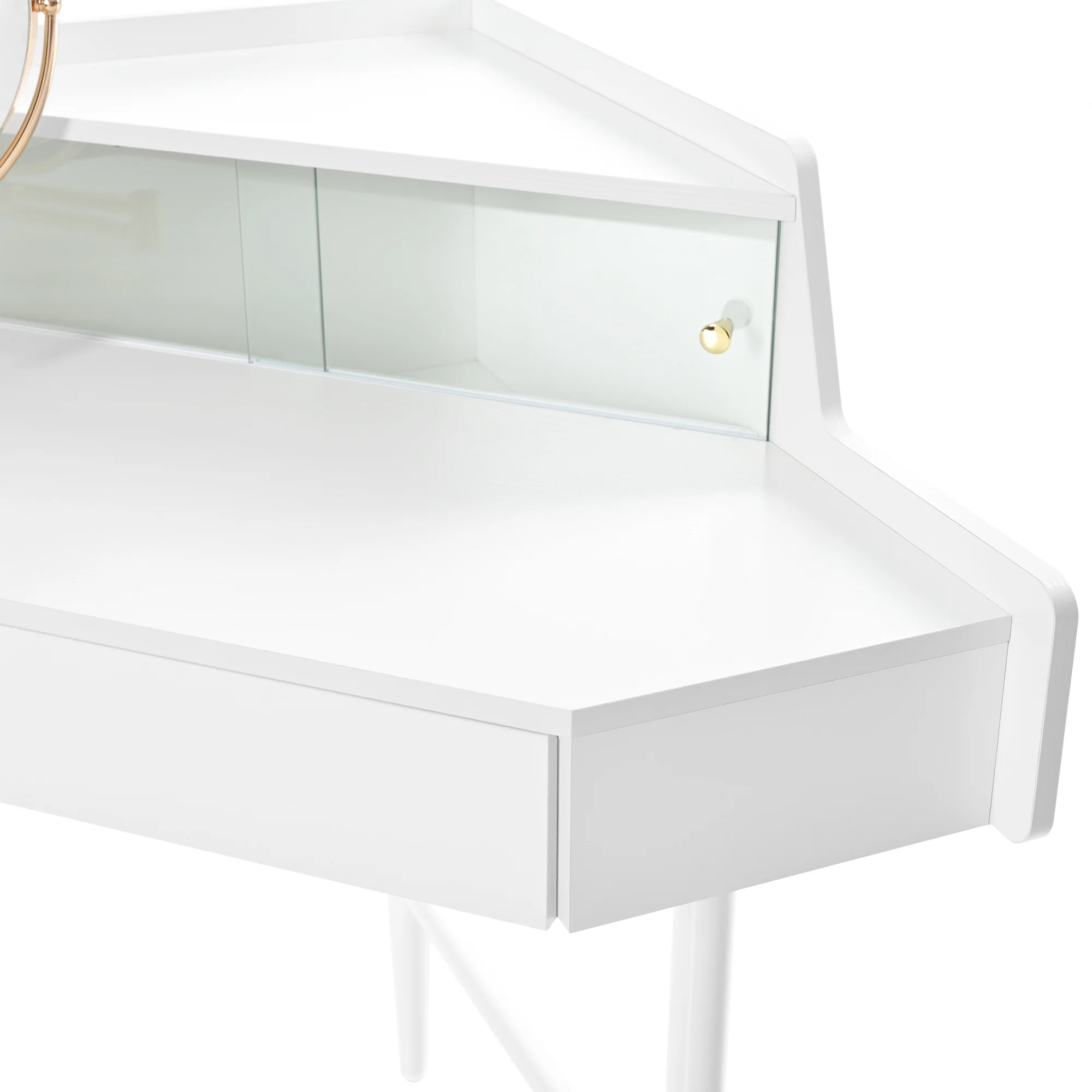 MODERNLUXE Corner Makeup Vanity Desk with Folding Mirror and Lights,Modern Vanity Set with 1 Stool,2 Drawers and 3 Shelves for Bedroom,Women, and Girls,Walnut