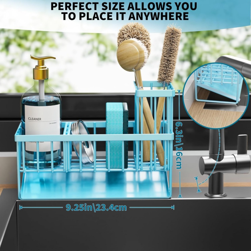 SINKLY Blue Kitchen Sink Caddy Organzier with High Brush Holder