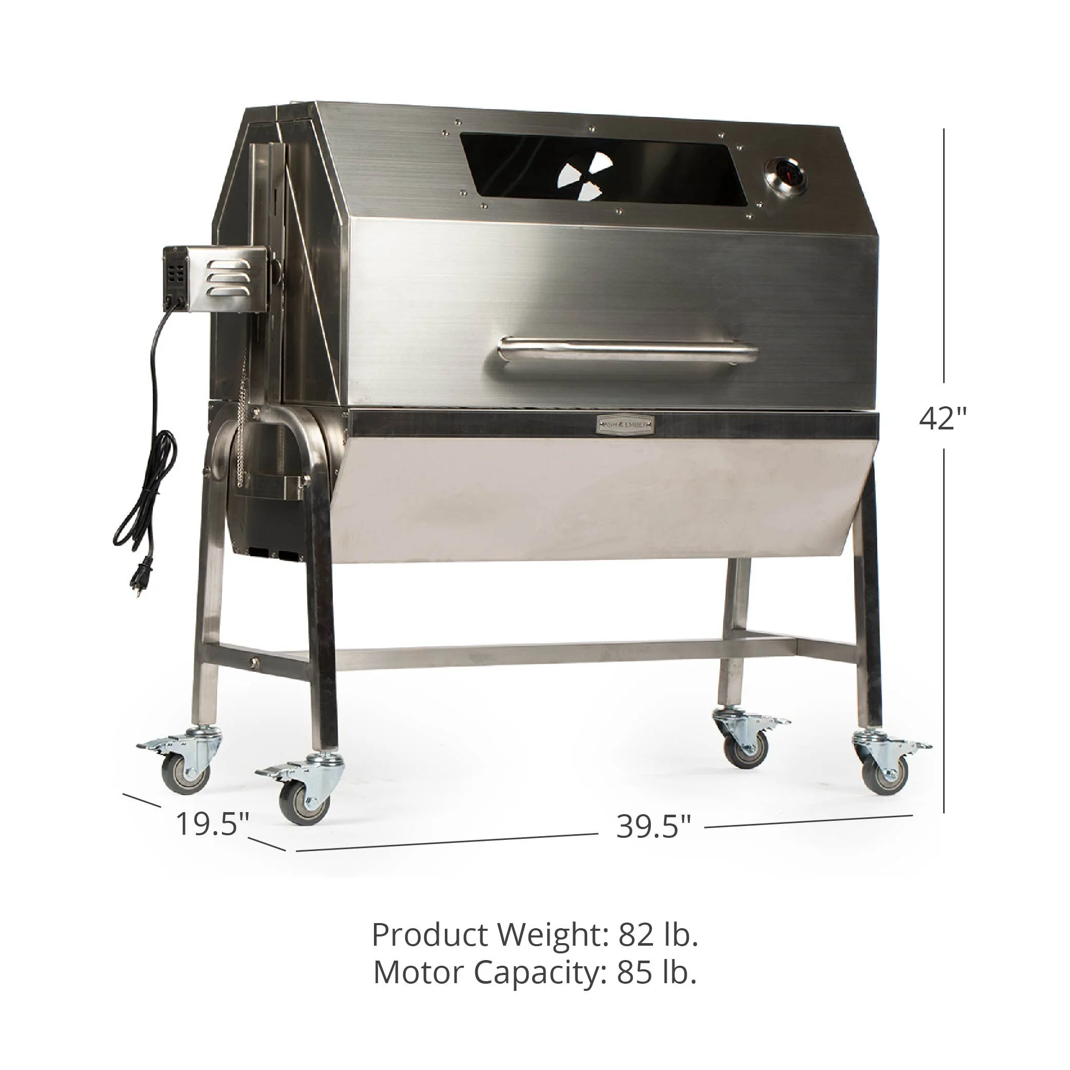 Ash & Ember 13W Stainless Steel BBQ Rotisserie Grill with Hooded Cover Glass Window, 4 RPM Rotation Speed, Rated 85 LB for Medium Game