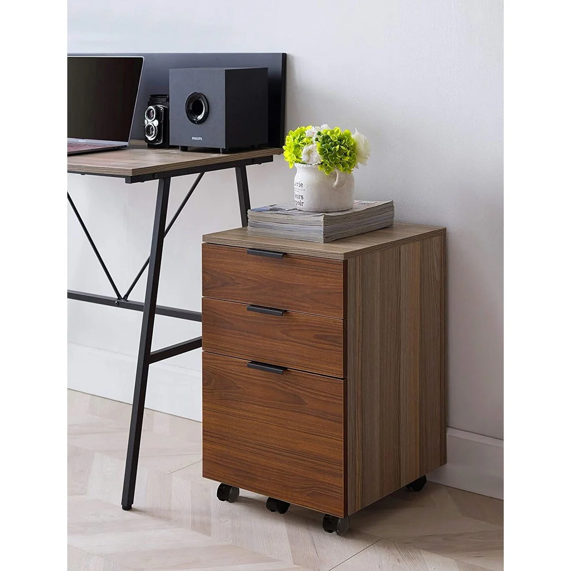 JJS 3 Drawer Rolling Wood File Cabinet with Locking Wheels for A4 or Letter Size Brown Drawer