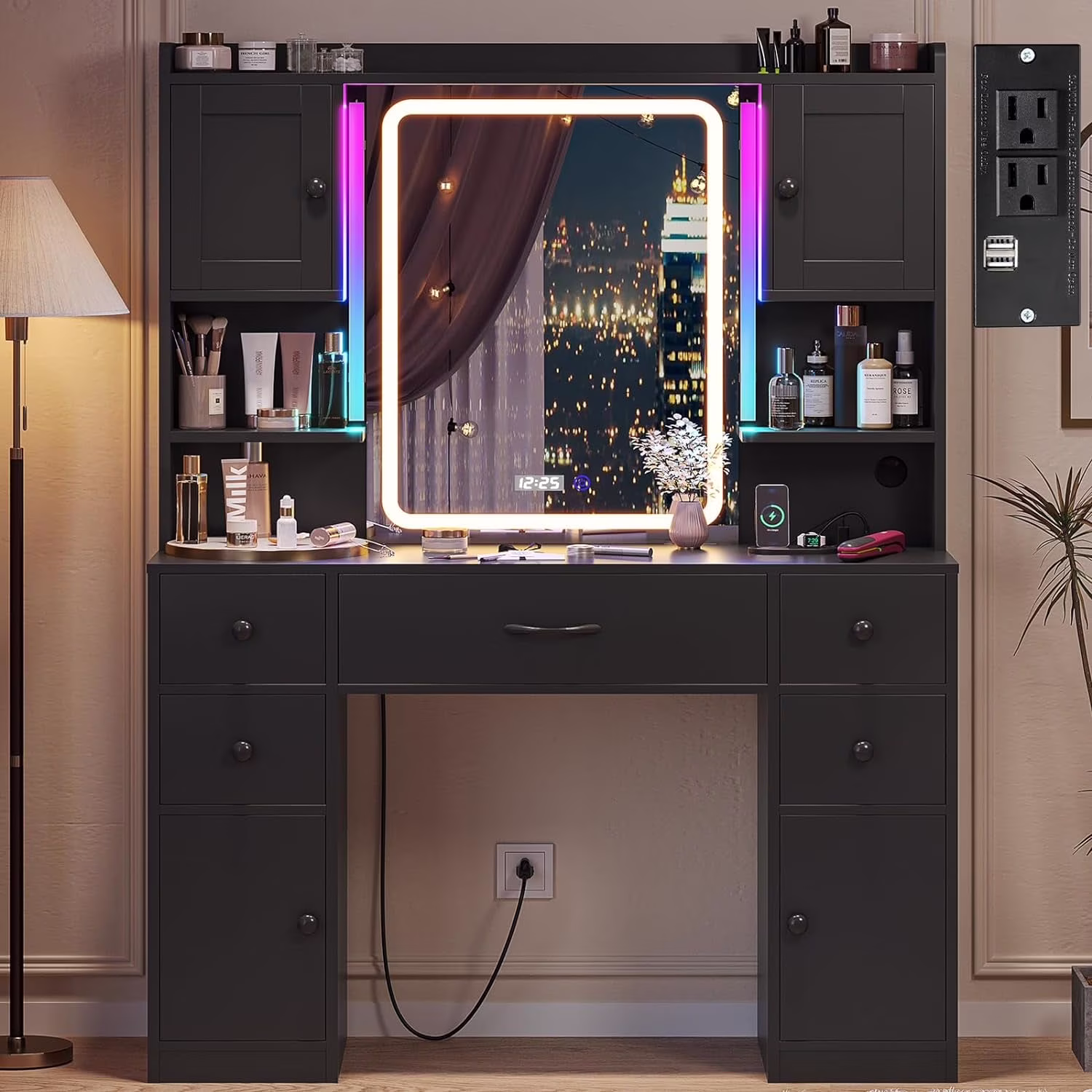 Afuhokles Large Vanity Desk with Lighted Mirror, 5 Drawers Makeup Vanity with Charging Station and Smart Mirror, White