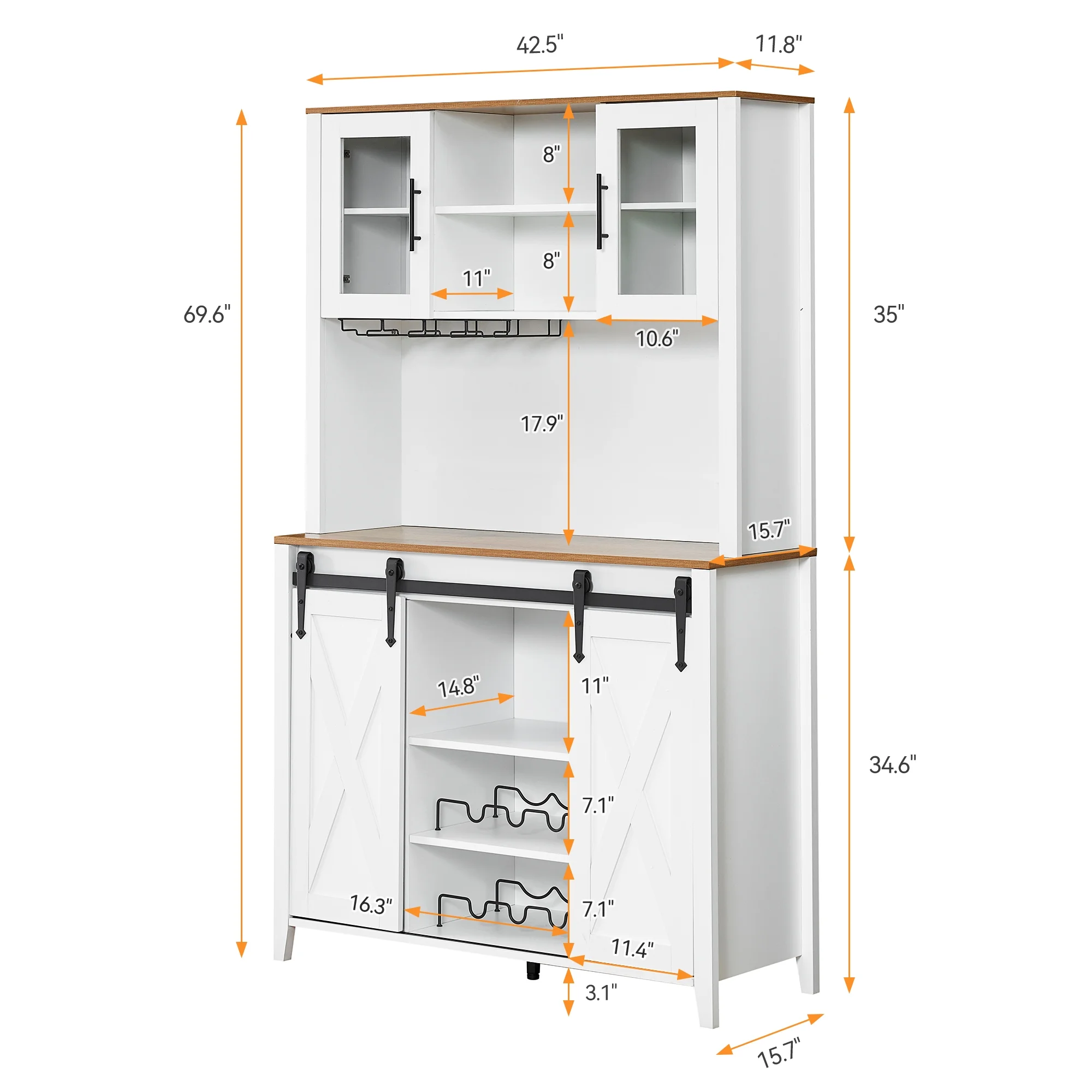 Farmhouse Bar Cabinet with Storage, Kitchen Buffet Cabinet with Sliding Barn Door and 3 Drawers, Coffee Bar with Wine and Glass Rack for Kitchen, Dining Room, White