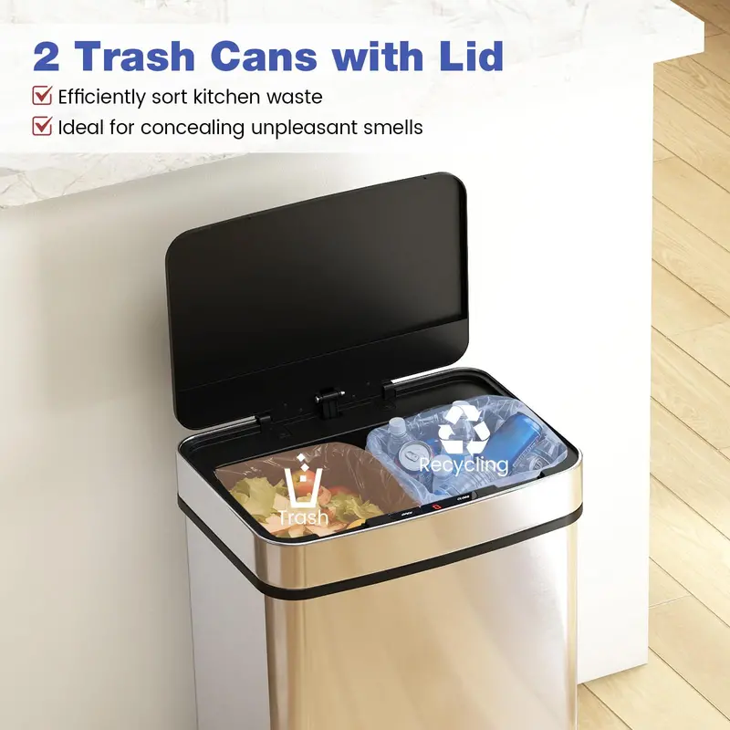 16-Gallon Dual-Compartment Automatic Trash Can with Stainless Steel Finish and Motion Sensor