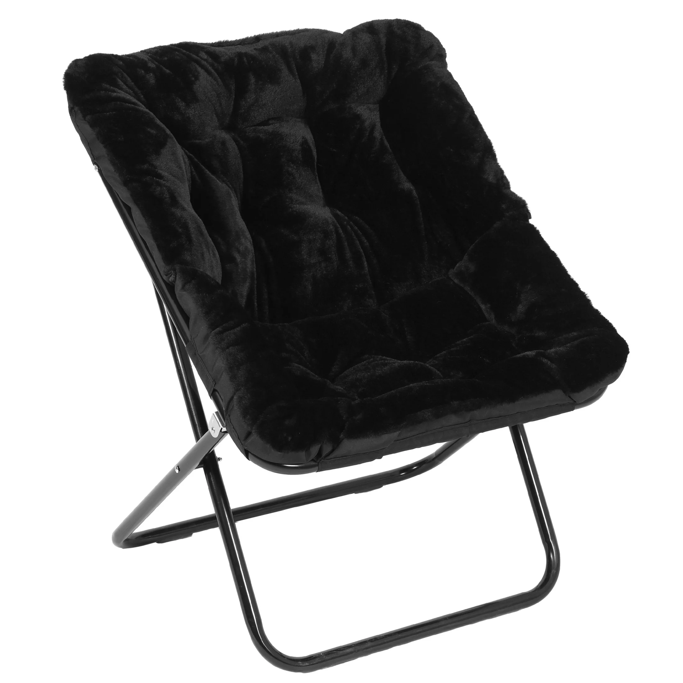 Emma + Oliver Oversized Faux Fur Folding Saucer Chair for Dorm, Bedroom, Black Faux Fur/Black Frame
