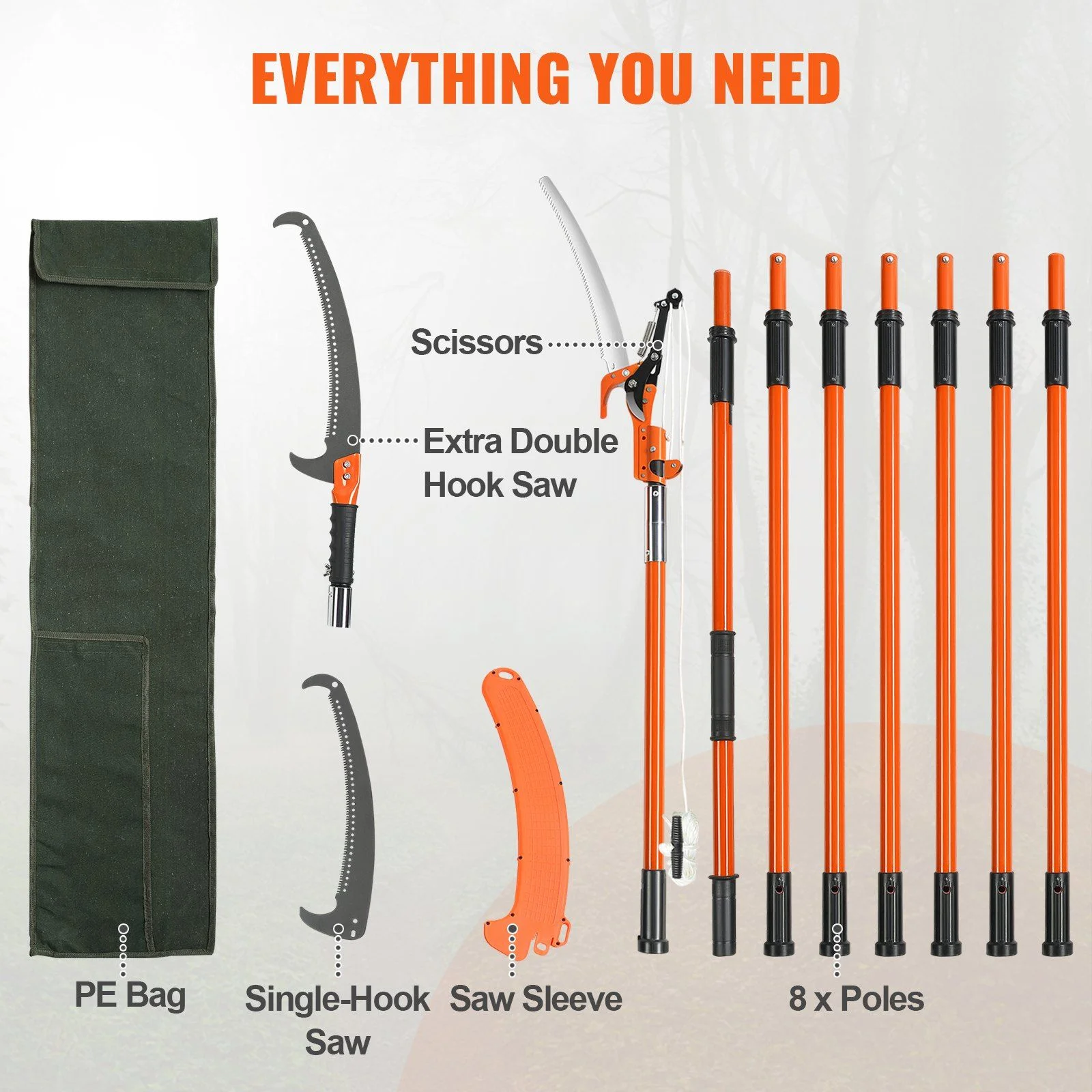 Extendable Manual Pole Saw 7.3-27 ft, Tree Pruner with Sharp Steel Blade and Scissors, Lightweight Fiberglass Pole for Trimming High Branches on Palms and Shrubs