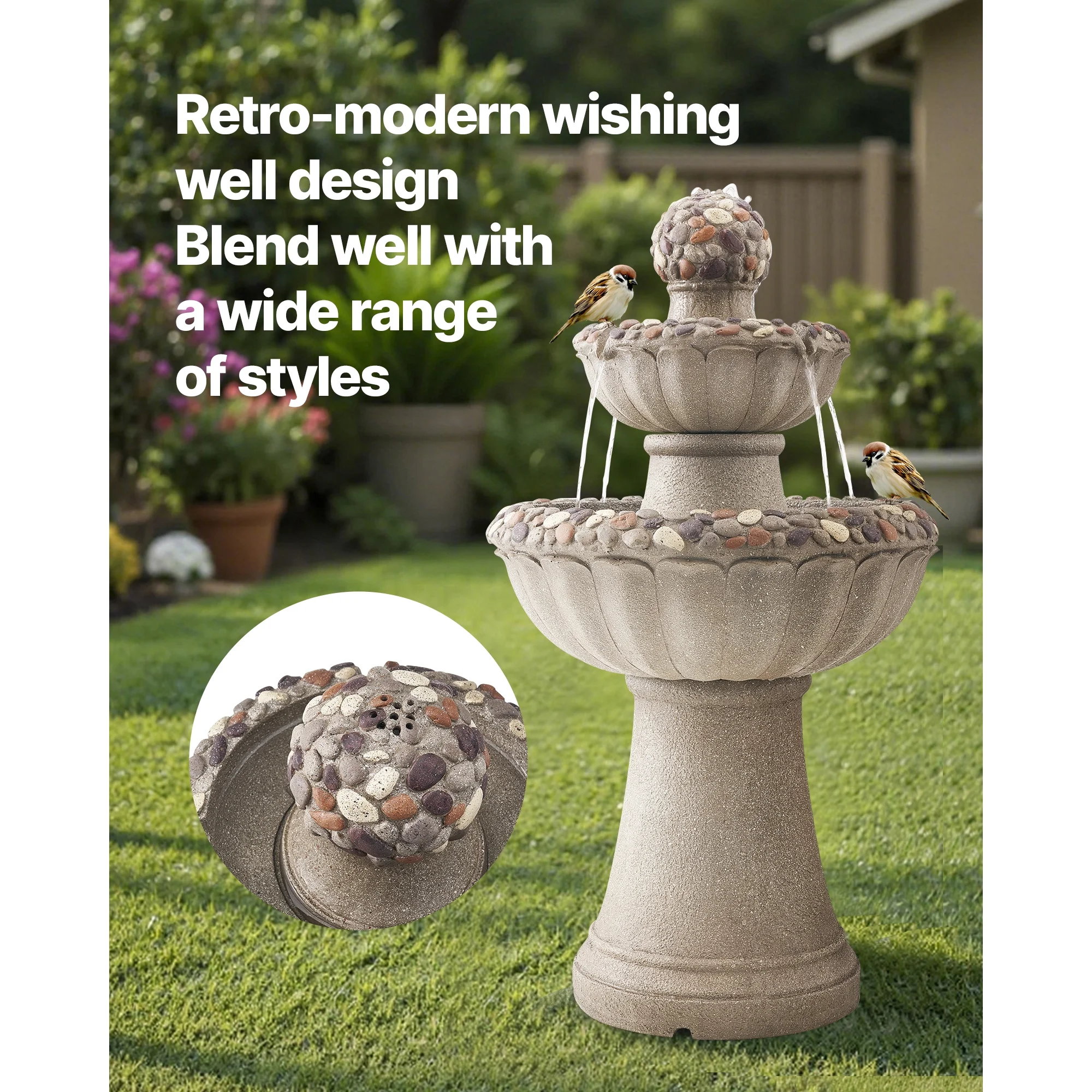 KFFKFF Outdoor Water Fountain, 36.5-Inch Tall 2-Tier Design with Rock-Style Base, Fiberglass and Resin Construction, Includes Pump, Ideal for Garden, Patio, Backyard, or Indoor Spaces