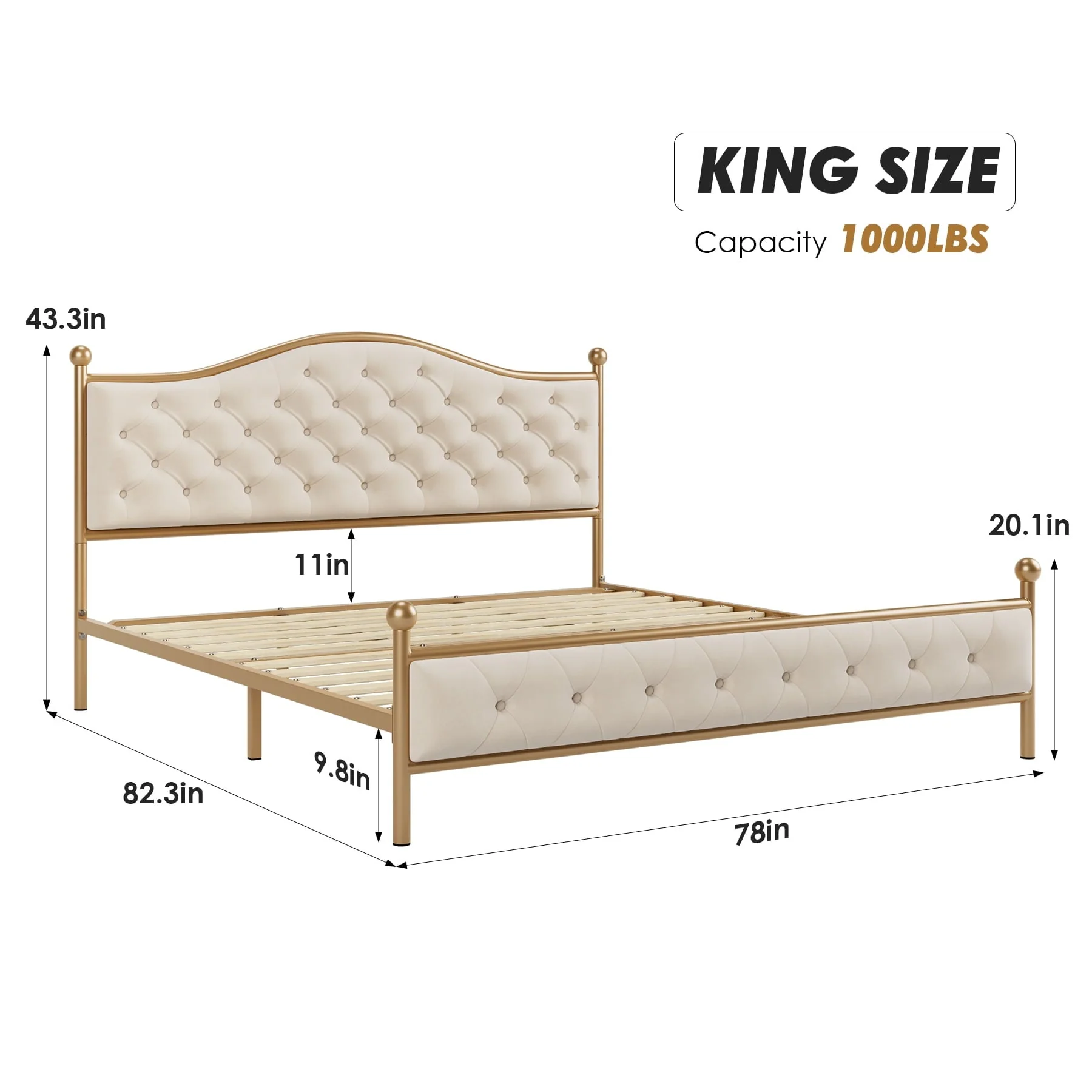 Homfa King Size Bed Frame, Metal Tubular Platform Bed with Button Tufted Upholstered Headboard, No Box Spring Needed, Beige