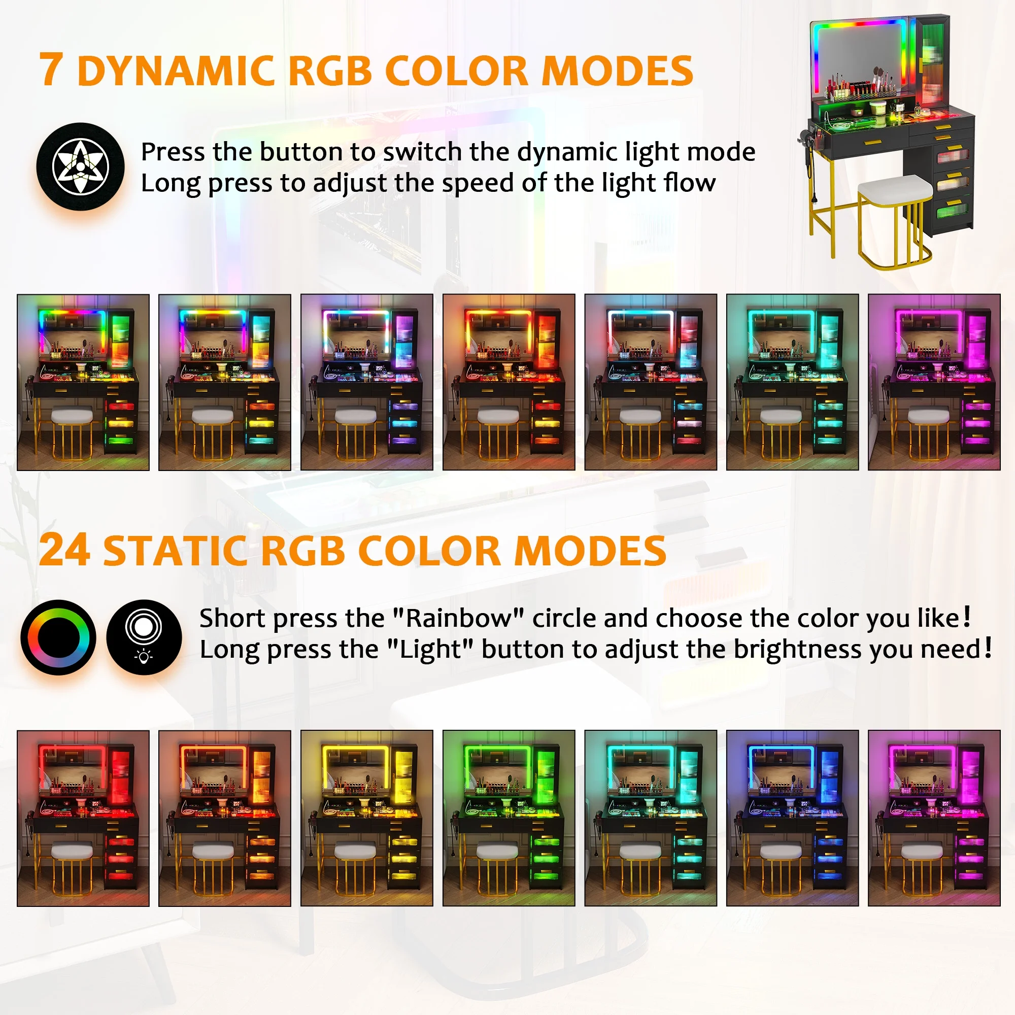 HNEBC Vanity Desk with Mirror and RGB Lights, Glass Top Makeup Vanity with Auto Sensor Lights and Wireless Charging, Vanity Table Set with Cushion Stool, Dressing Table with 6 Drawers (White)