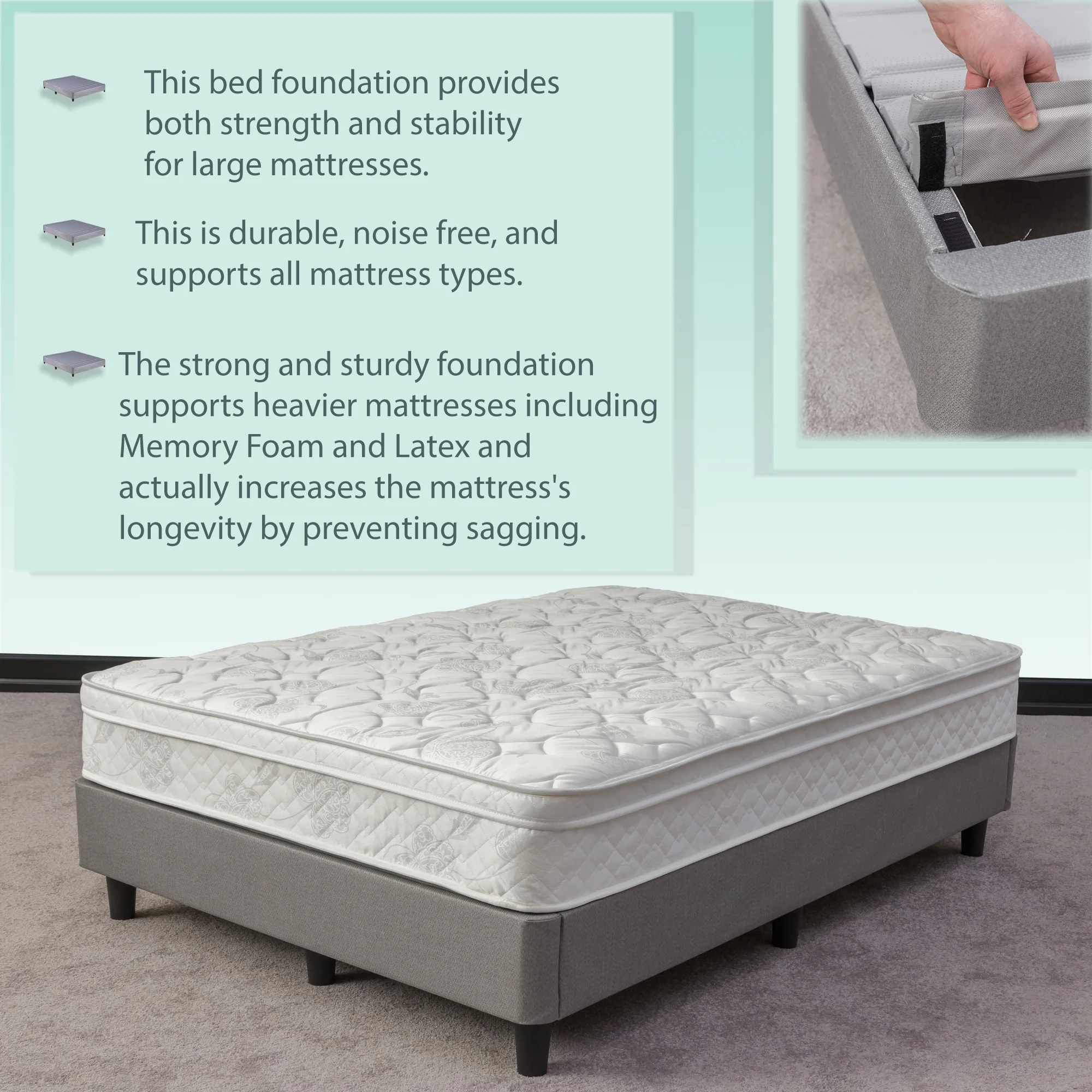 Continental Sleep, 13-inch Platform Bed Frame for Mattress, Eliminate Need for Box Spring, Grey, 33-Inch