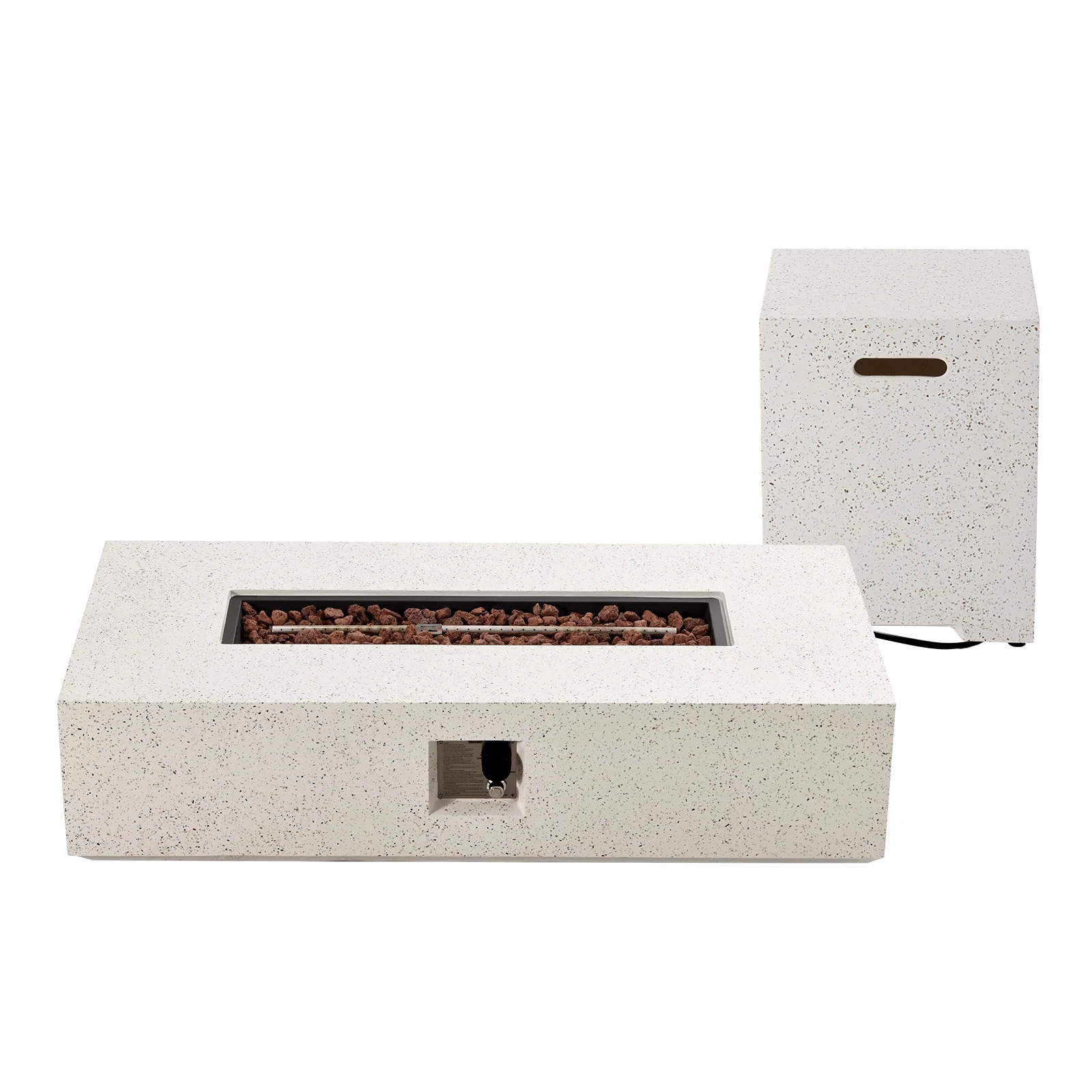 COSIEST 2-Piece Outdoor Rectangle Terrazzo White Propane Fire Table Set with Tank Cover Table