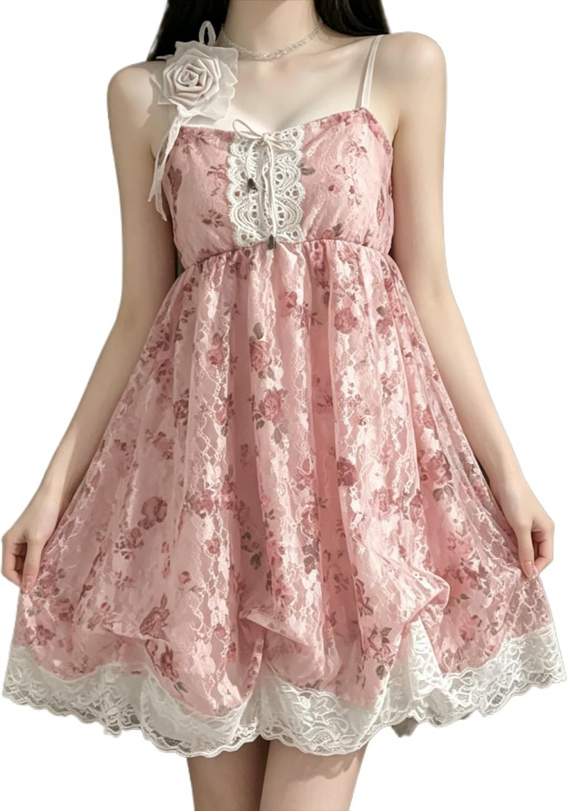Spaghetti Strap Lace Mini Dress 2000s Women Cute Summer