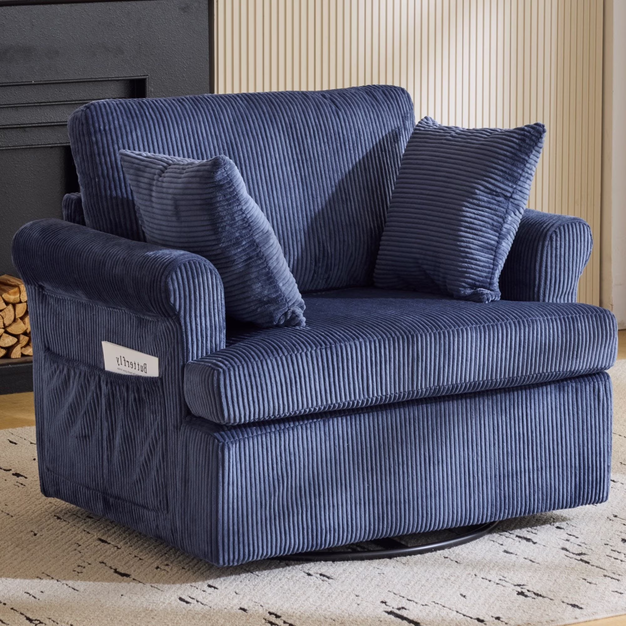Ktaxon Swivel Accent Chair, 360-Degree Rotation Reading Chair, Corduroy Fabric Sofa with Armrest Pockets, Solid Metal Base, Perfect for Living Room Bedroom Black