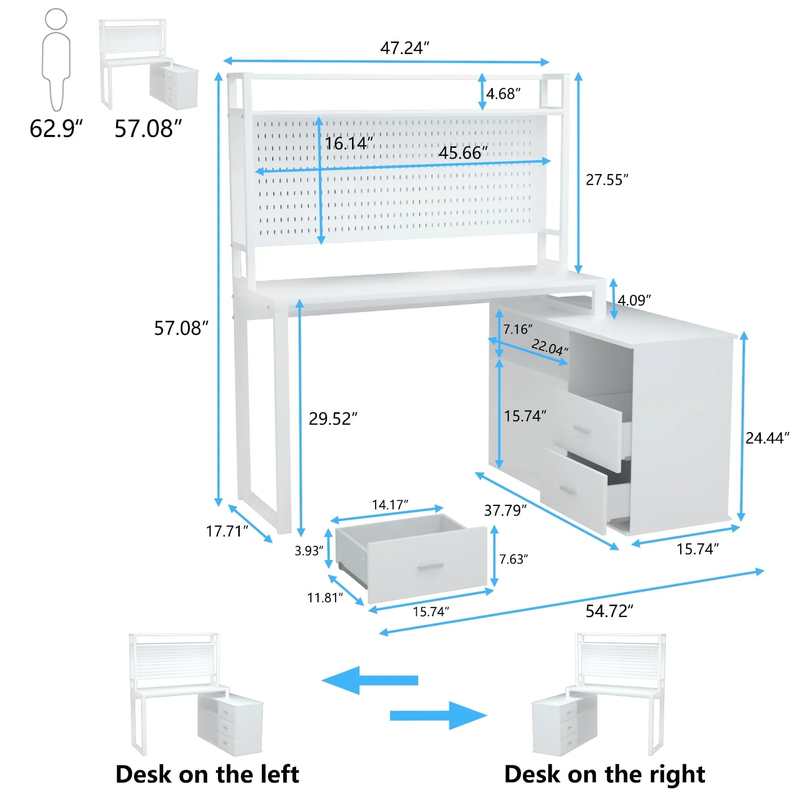 PAKASEPT 4 In 1 Home Office Computer Desk L Shaped Desk, Reversible Corner Desk with Drawers & Shelves & Pegboard, White Desk Study Writing Table for Home Office