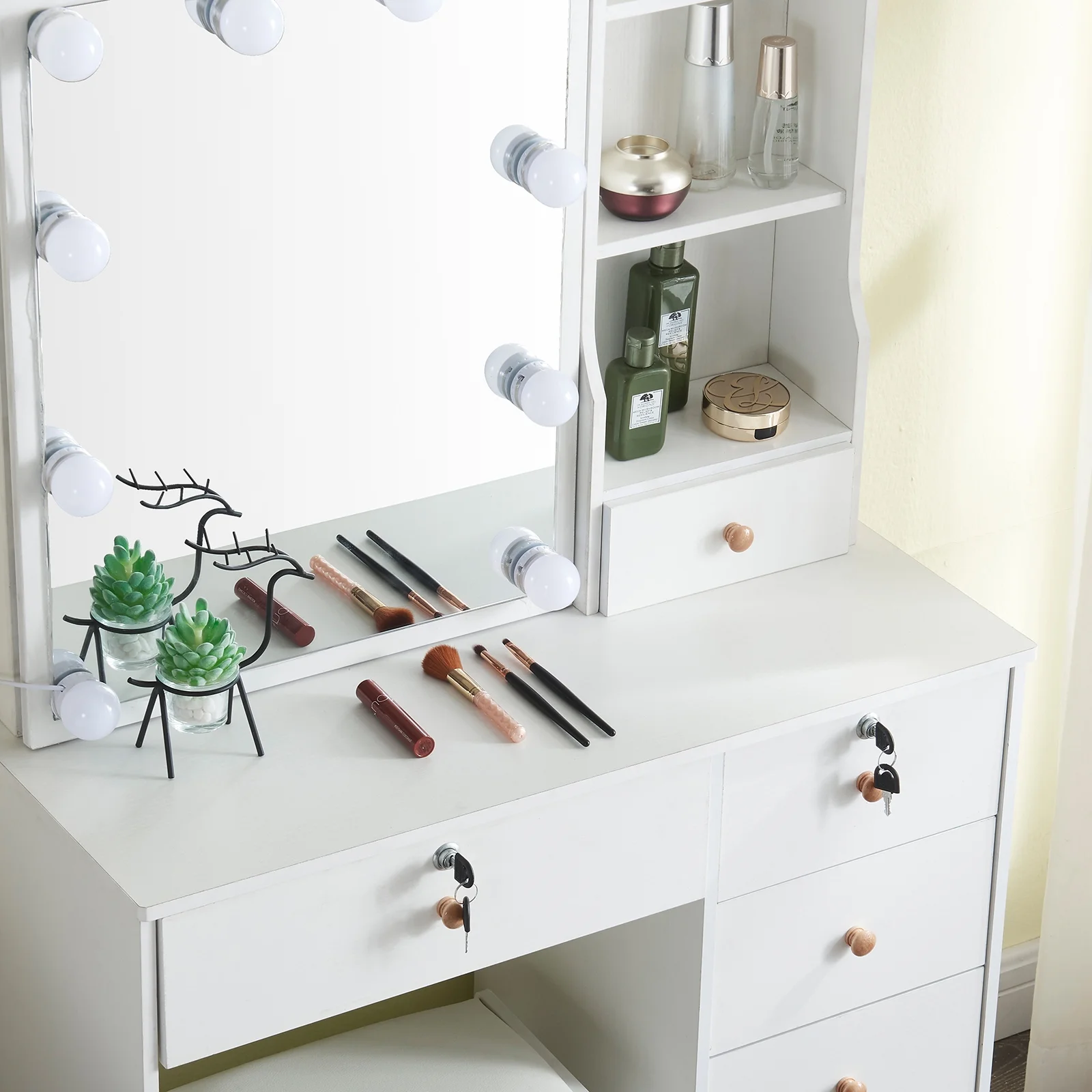 Yamissi Modern Makeup Vanity for Bedroom, Vanity Desk with LED Lighted Sliding Mirror and Stool, Makeup Table with Storage Shelves and Drawers, White