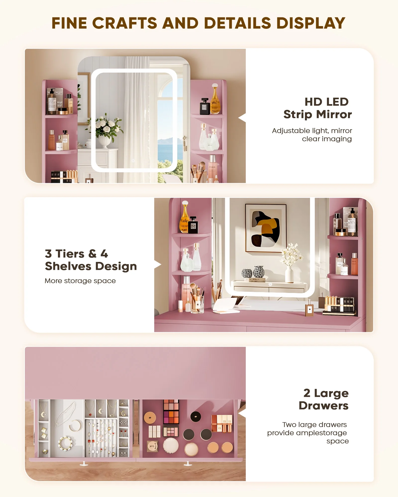 LIVELYGLOW Vanity Desk Set with Square Mirror and Light- Small Vanity Table with Drawers- White