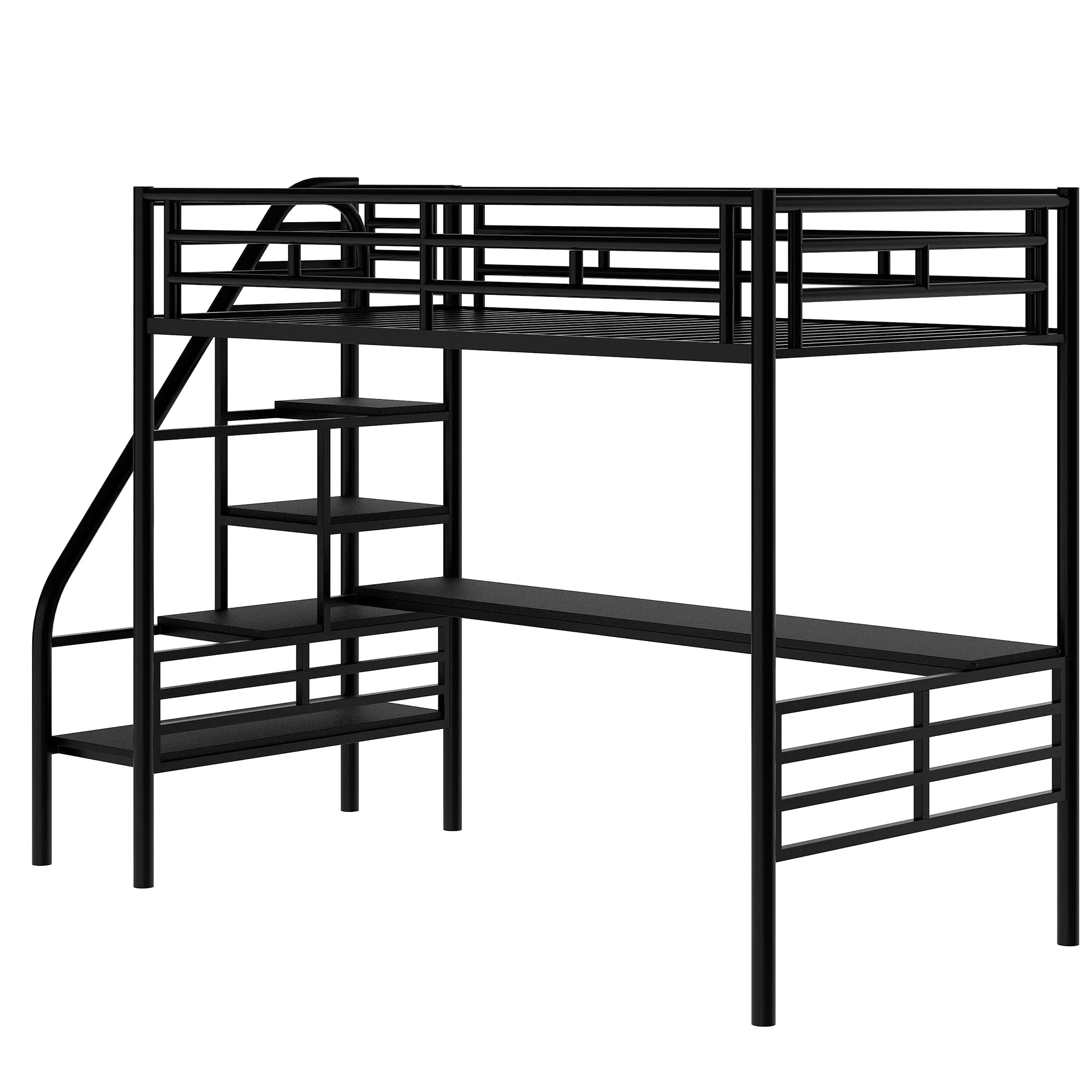 Euroco Metal Twin Size Loft Bed with Desk & Stairways for Child, Black