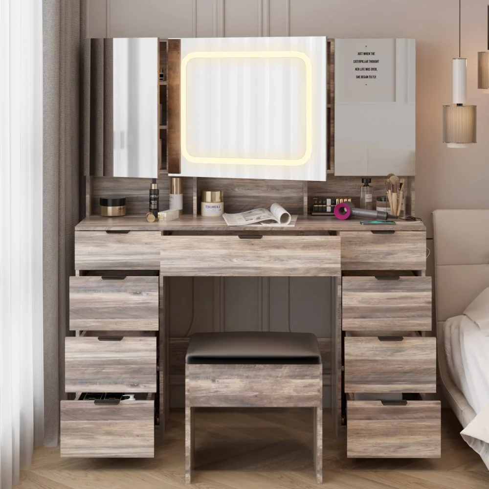 IVV Vanity Desk Set with Large LED Lighted Mirror & Power Outlet, Makeup Dressing Table with 9 Drawers and 3 Cabinets in Mirrored Doors, 47