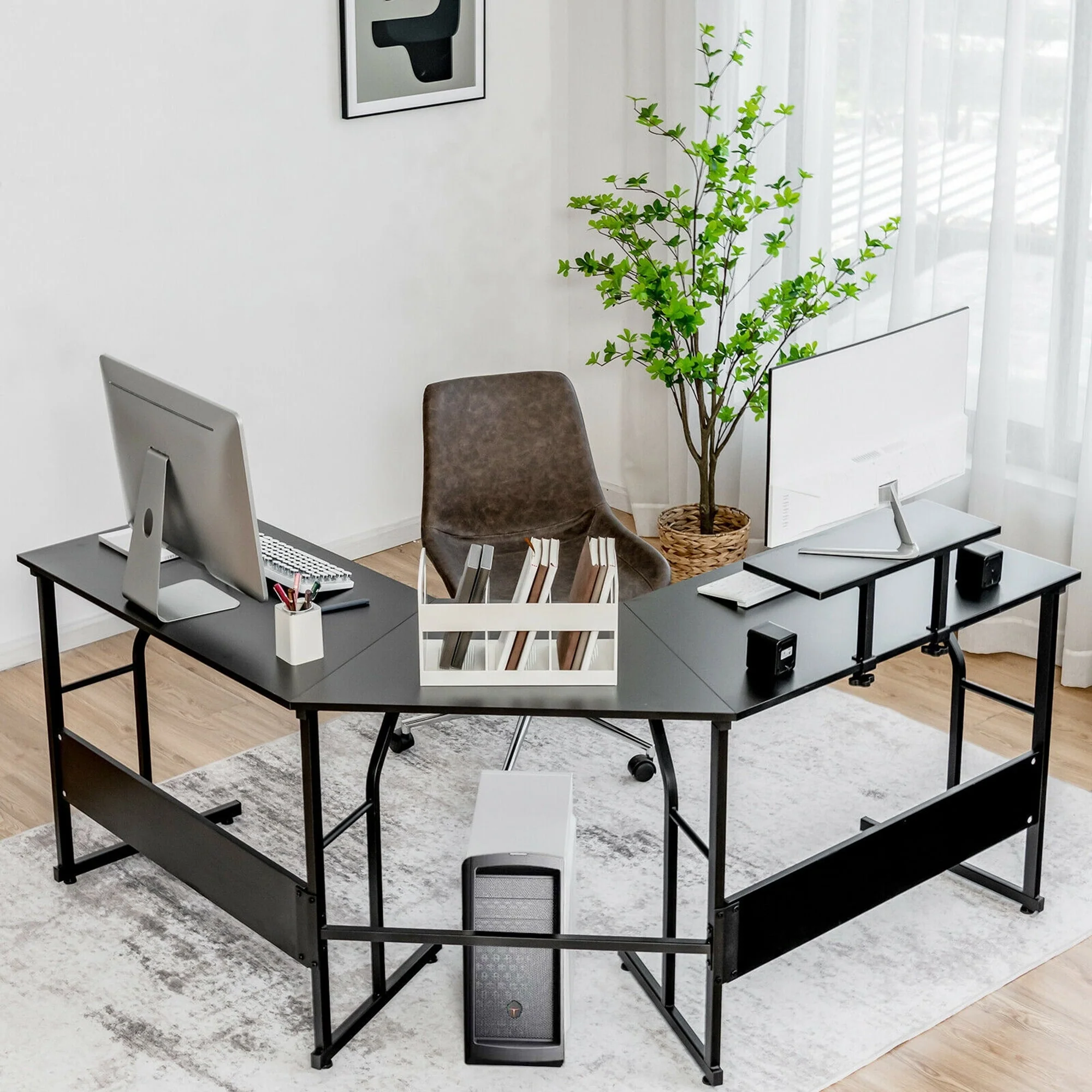 Gymax 88.5'' L Shaped Reversible Computer Desk 2 Person Long Table Monitor Stand Black