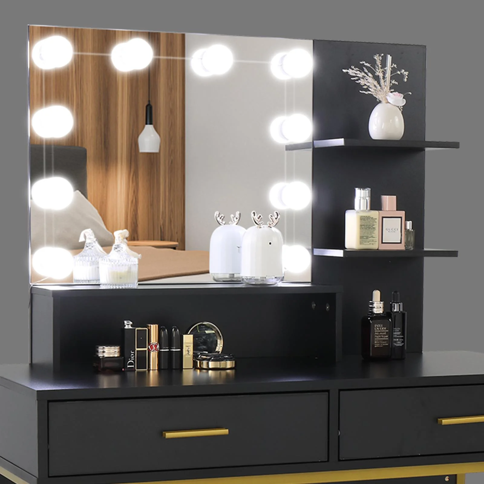 Ktaxon Vanity Table Set with 3 Color Lighted Mirror & Stool, Makeup Vanity Dressing Table, 2 Drawers and Storage Shelves for Bedroom, Gold Vanity Desk for Women (White)