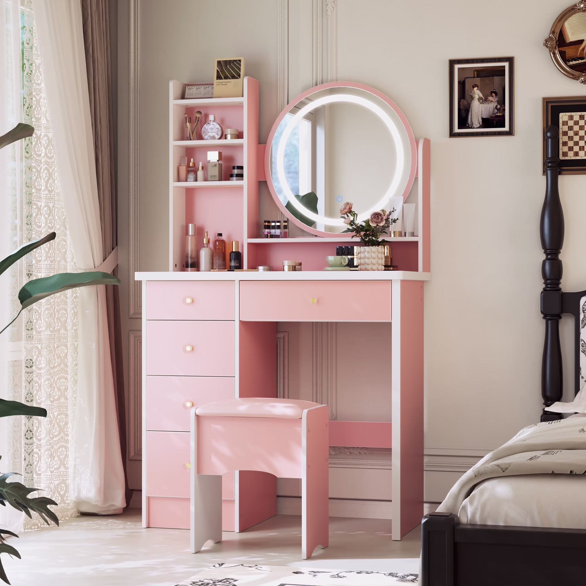 KULAGAGA Vanity Table Set with Light Mirror, Makeup Table with 3 Storage Shelves & 5 Drawers, Dressing Vanity Tables with , Dresser Desk for Girls, Women, White