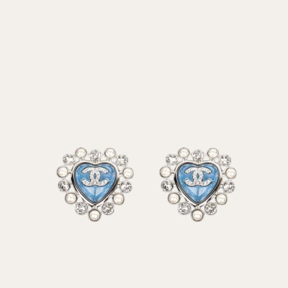 Chanel Heart Motif And Crystal Earrings Blue