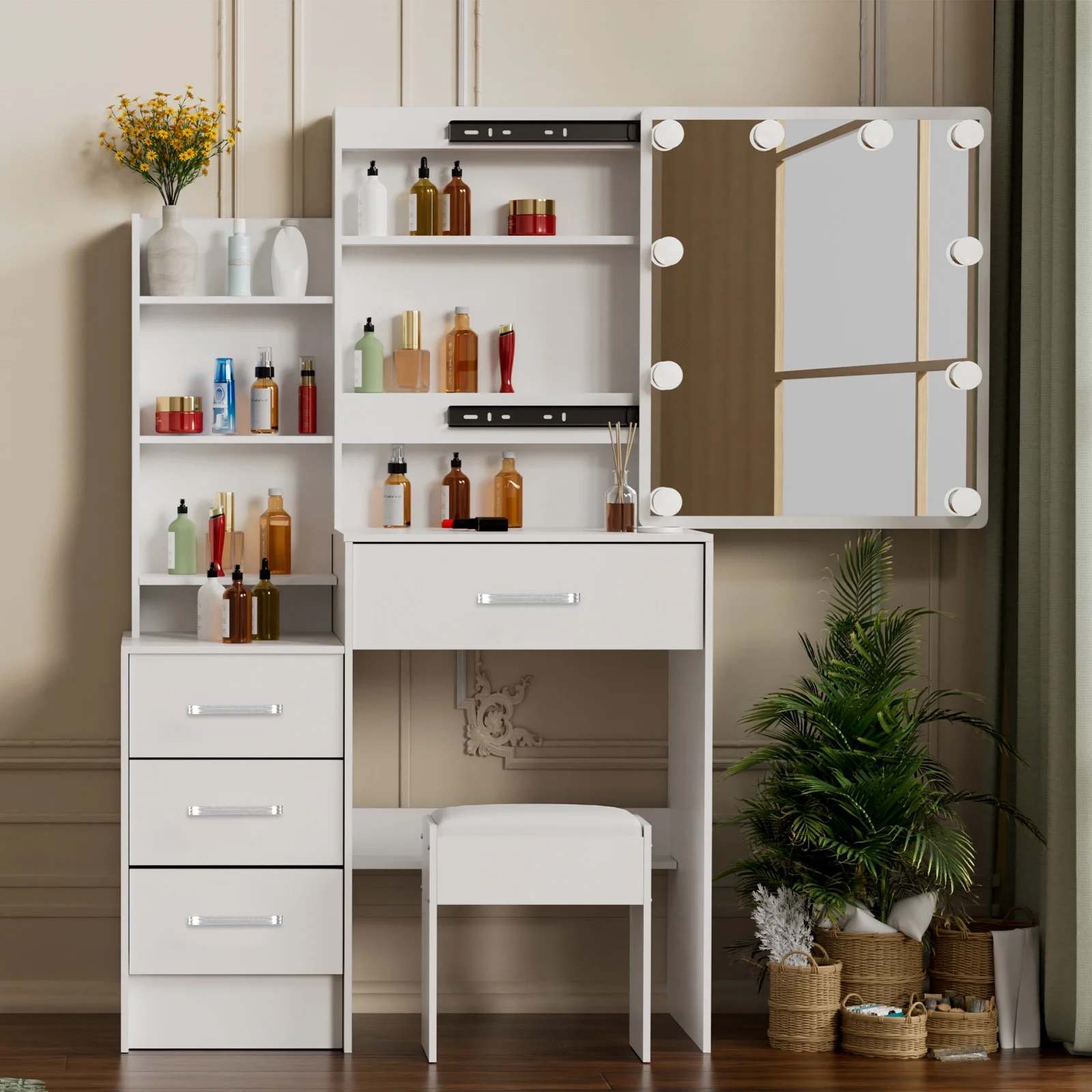 Jarbalai Makeup Vanity Table with Mirror and Lights, Vanity Desk w/ Stool for Girls Dressing, White