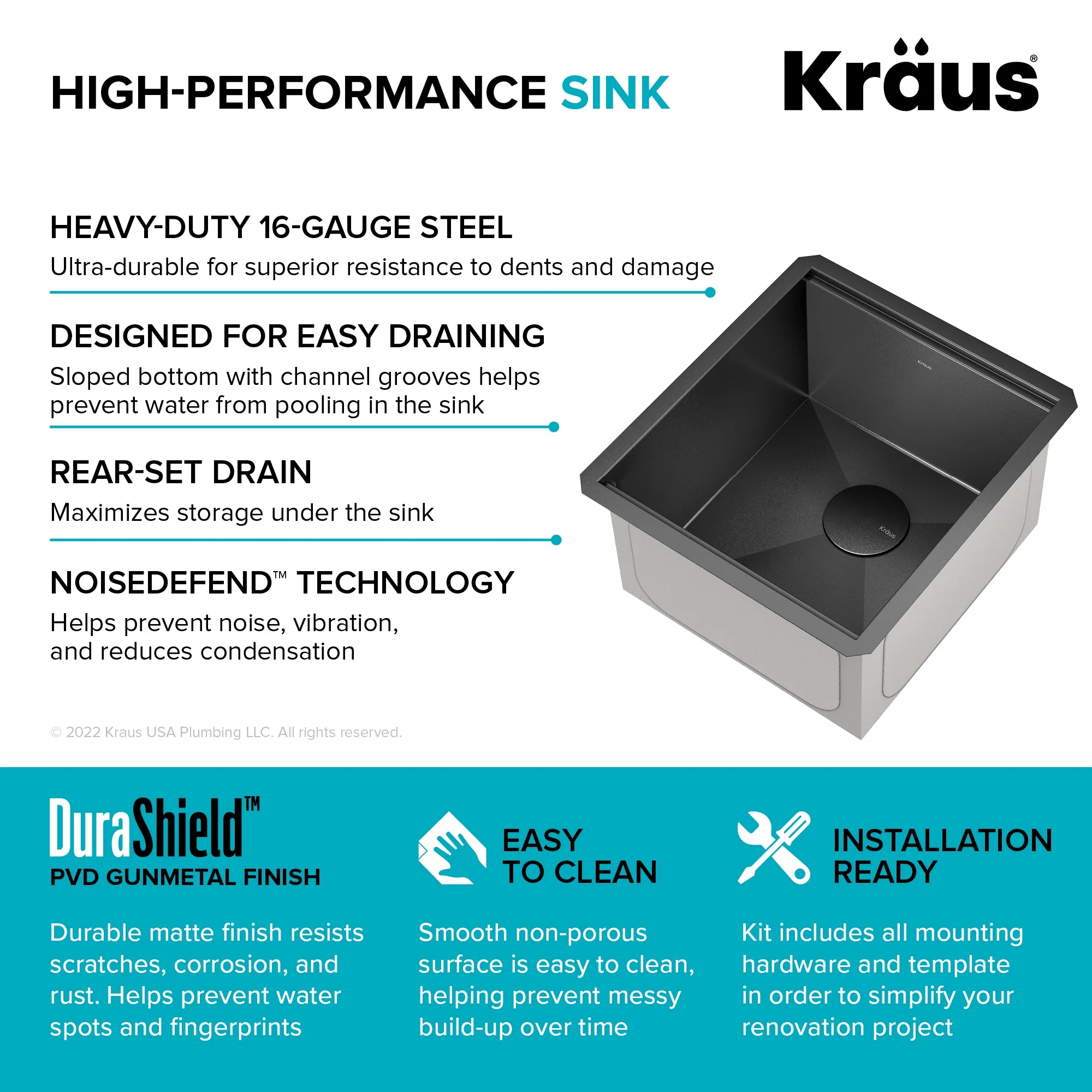 KRAUS Kore 17 Undermount Workstation 16 Gauge Black Stainless Steel Single Bowl Kitchen Bar Sink in PVD Gunmetal Finish with Accessories