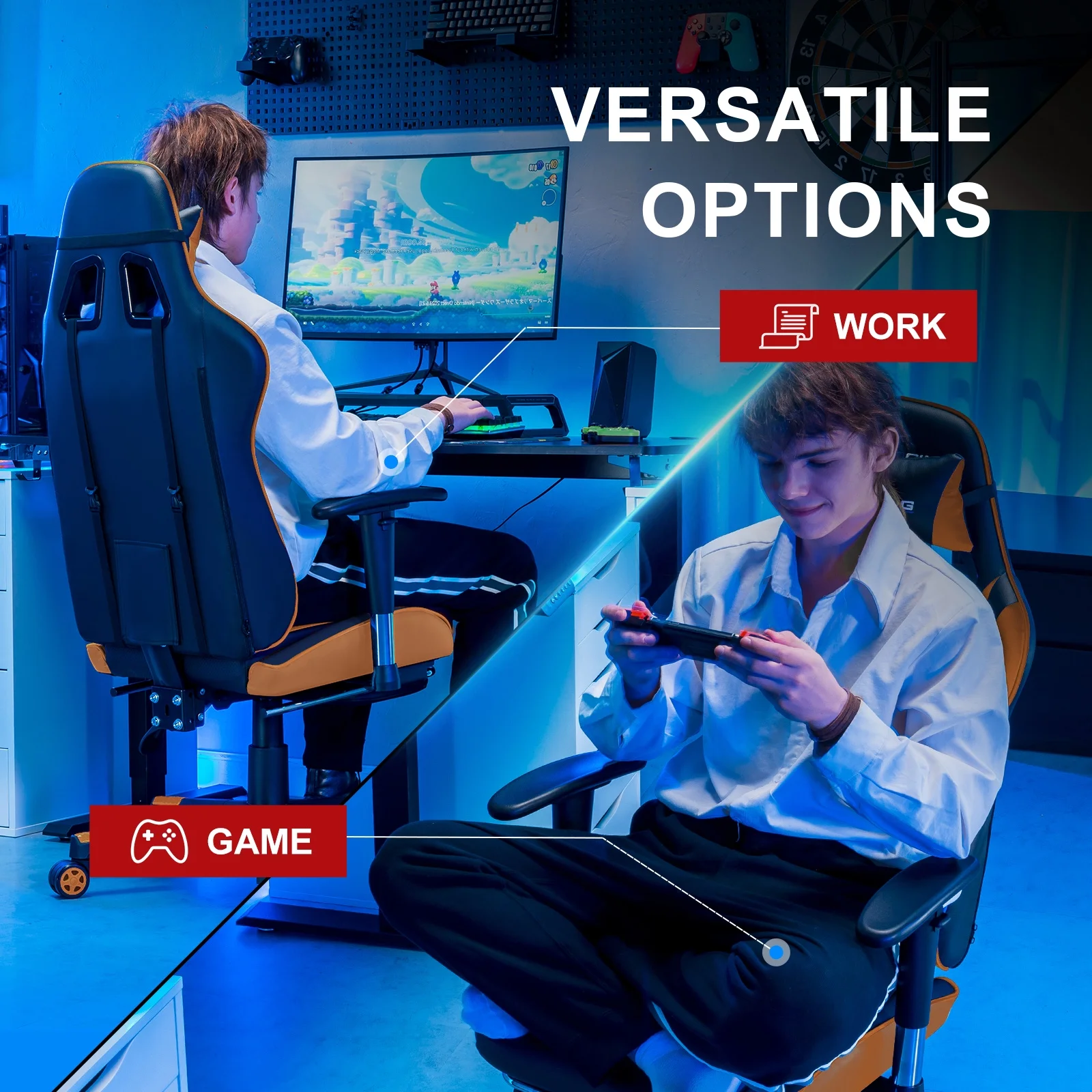 GTRACING Gaming Chair, Ergonomic Office Desk Chair with Lumbar Support, PU Leather, Footrest & Adjustable Headrest, Red
