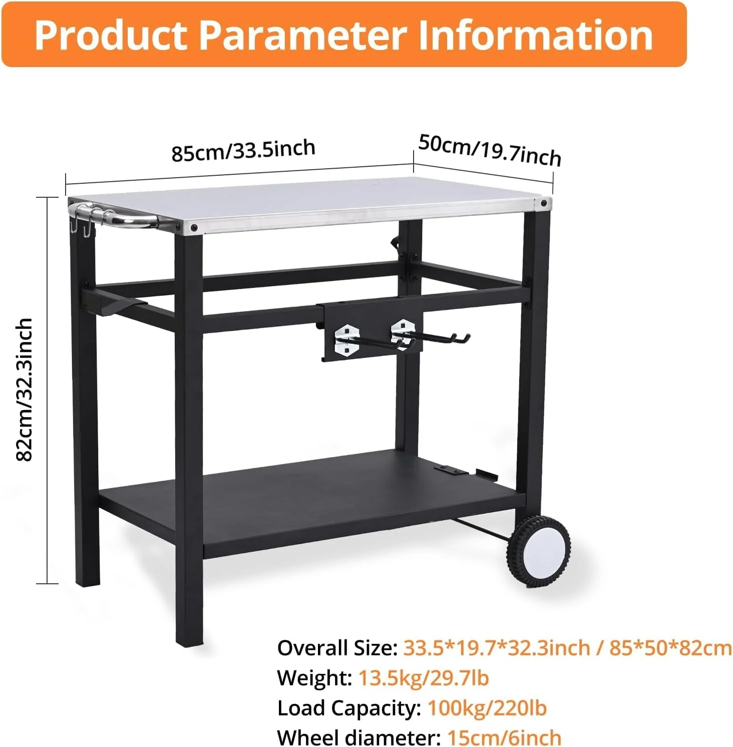 EastVita Outdoor Grill Cart Pizza Oven Stand, BBQ Prep Table Helpdesk with Wheels, Double-Shelf Grilling Cart Tabletop Griddle Cooking Station for Bar, Patio, Camping