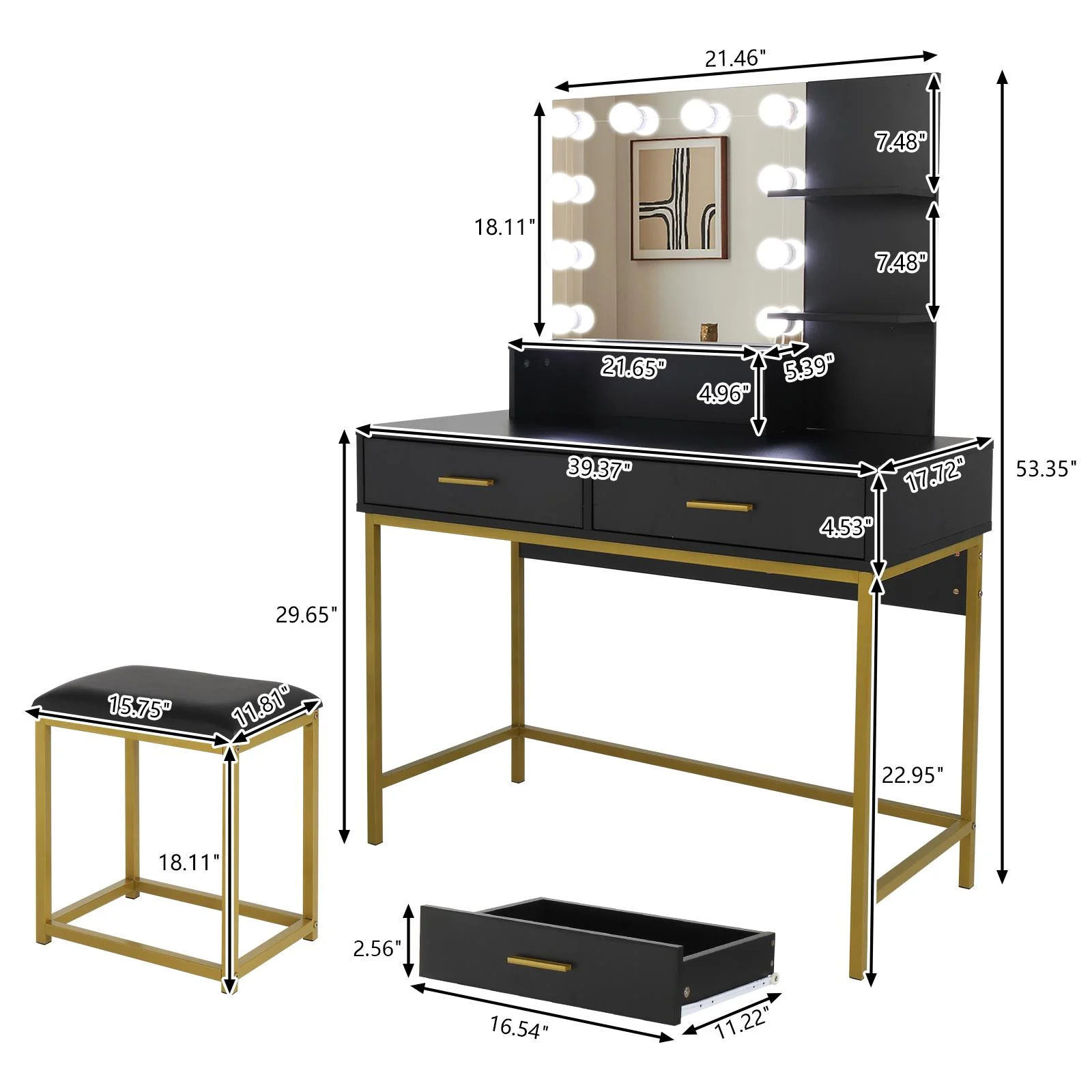 Ktaxon Vanity Table Set with 3 Color Lighted Mirror & Stool, Makeup Vanity Dressing Table, 2 Drawers and Storage Shelves for Bedroom, Gold Vanity Desk for Women (White)