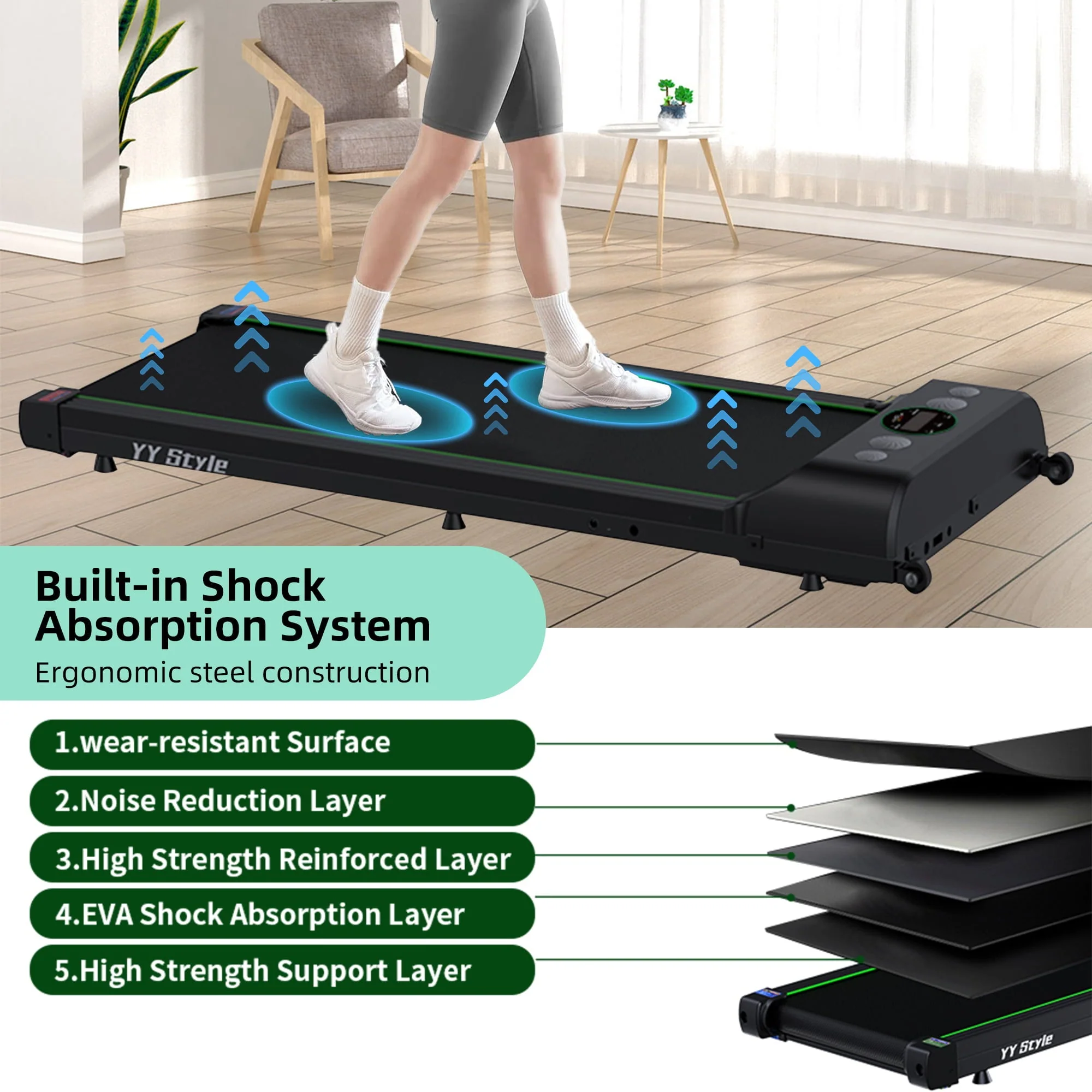 Portable Treadmill Under Desk Walking Pad Flat Slim Treadmill with LED Display, Running Machine for Apartment and Small Space without Assembling
