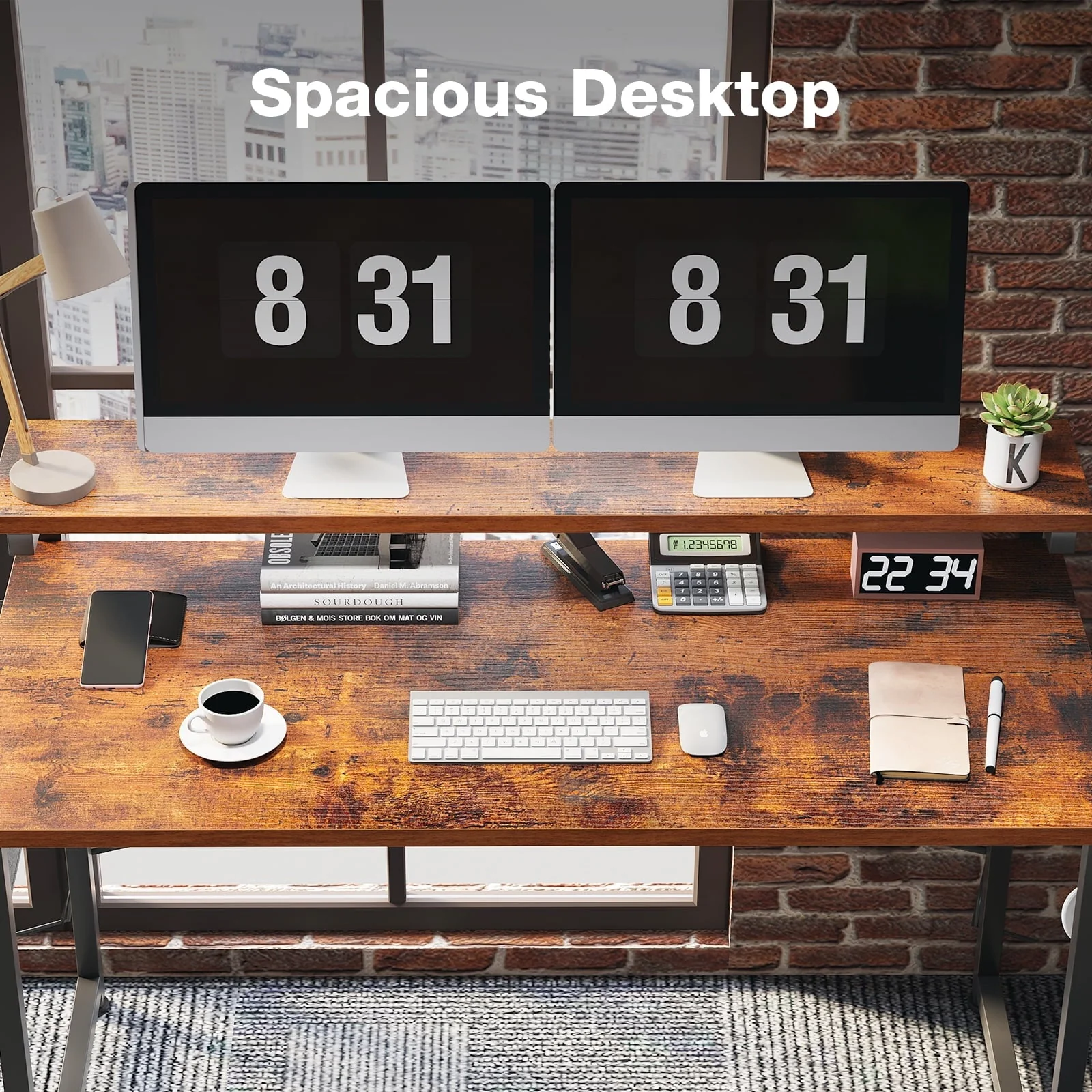 Computer Desk with Adjustable Monitor Stand(3.9”, 5.1”, 6.3”), 48 inch Home Office Desk with Storage Bag, Simple Modern Style Laptop Desk for Small Space, Vintage
