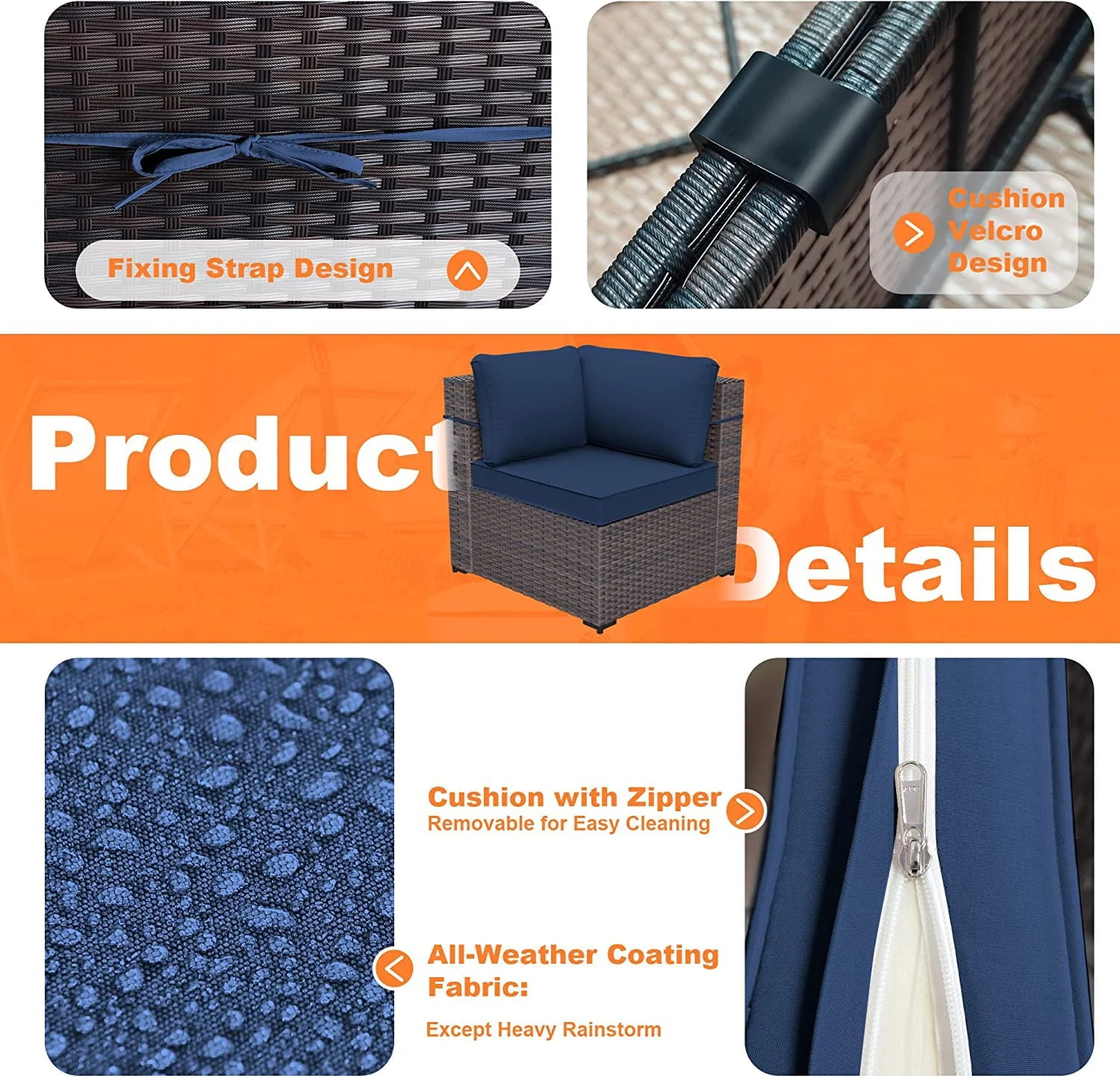 Kullavik Outdoor Patio Furniture Set with Gas Fire Pit Table, 13 Pieces Outdoor Furniture Set Patio Sectional Sofa w/43in Propane Fire Pit, PE Wicker Rattan Patio Conversation Sets,Navy Blue