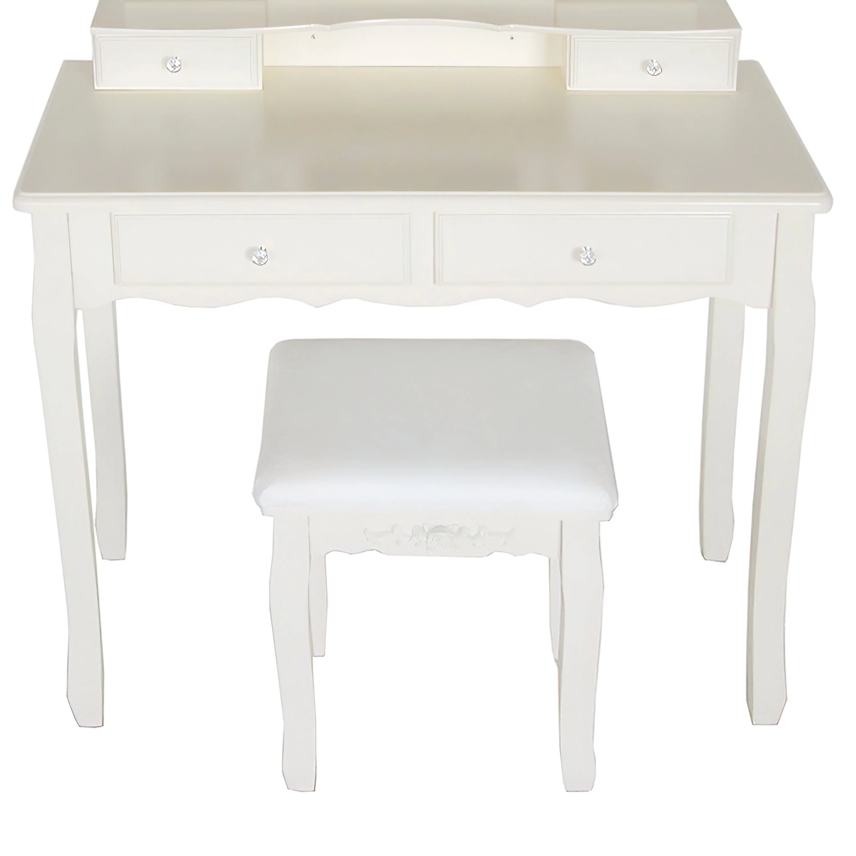 35 Inch 3 Piece Vanity Desk Set with Cushioned Stool and Elegant Trifold Mirror, 4 Drawers, Off White Solid Wood-Saltoro