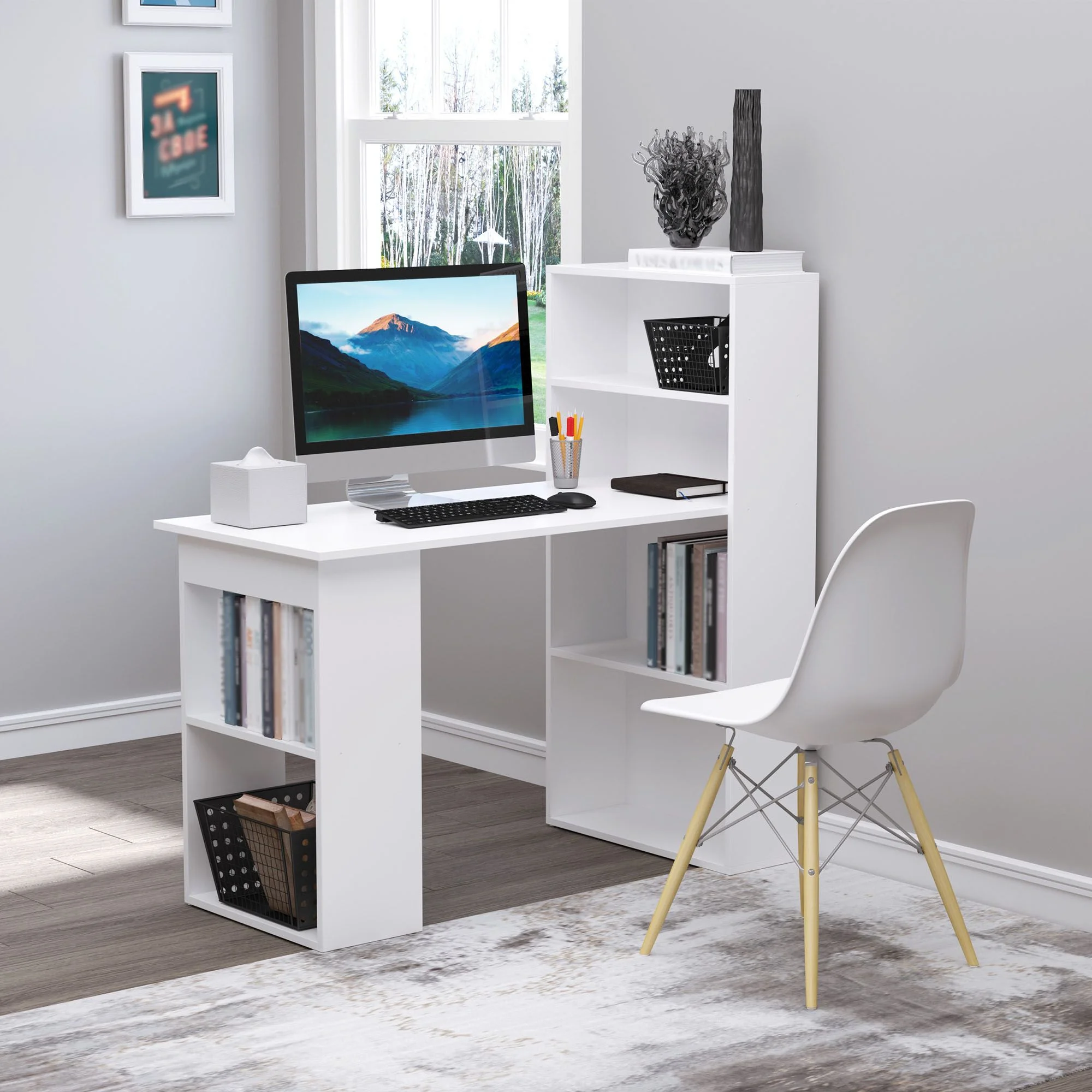 HOMCOM Modern Compact Computer Desk with 6-Tier Storage Shelves, Writing Table Workstation with Bookshelf for Home Office, Gray