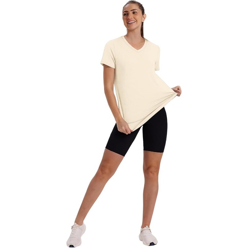 Women's V Neck Workout Tops Curved Hem Short Sleeve Shirts, UPF 50+ Sun Protection Quick Dry Breathable Athletic Tees for Hiking Running Daily Casual