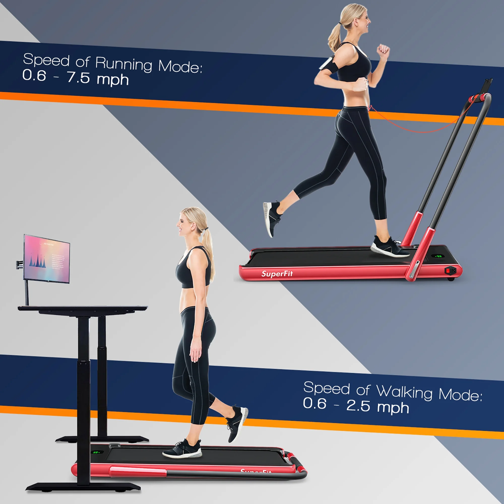SuperFit Up To 7.5MPH 2.25HP 2-in-1 Folding Under Desk Treadmill W/Speaker Controller APP, Single Display Screen Silver