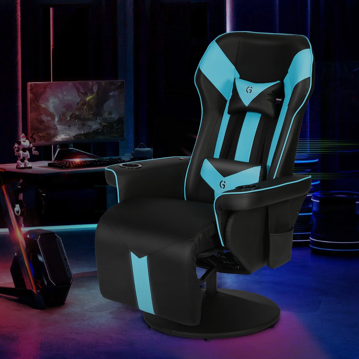 King Throne Ergonomic Gaming Chair Swivel Reclining Chair Video Racing Chair High Back Recliner with Massage Lumbar Support, Footrest, Backrest, Headrest and Cupholder, Black Blue
