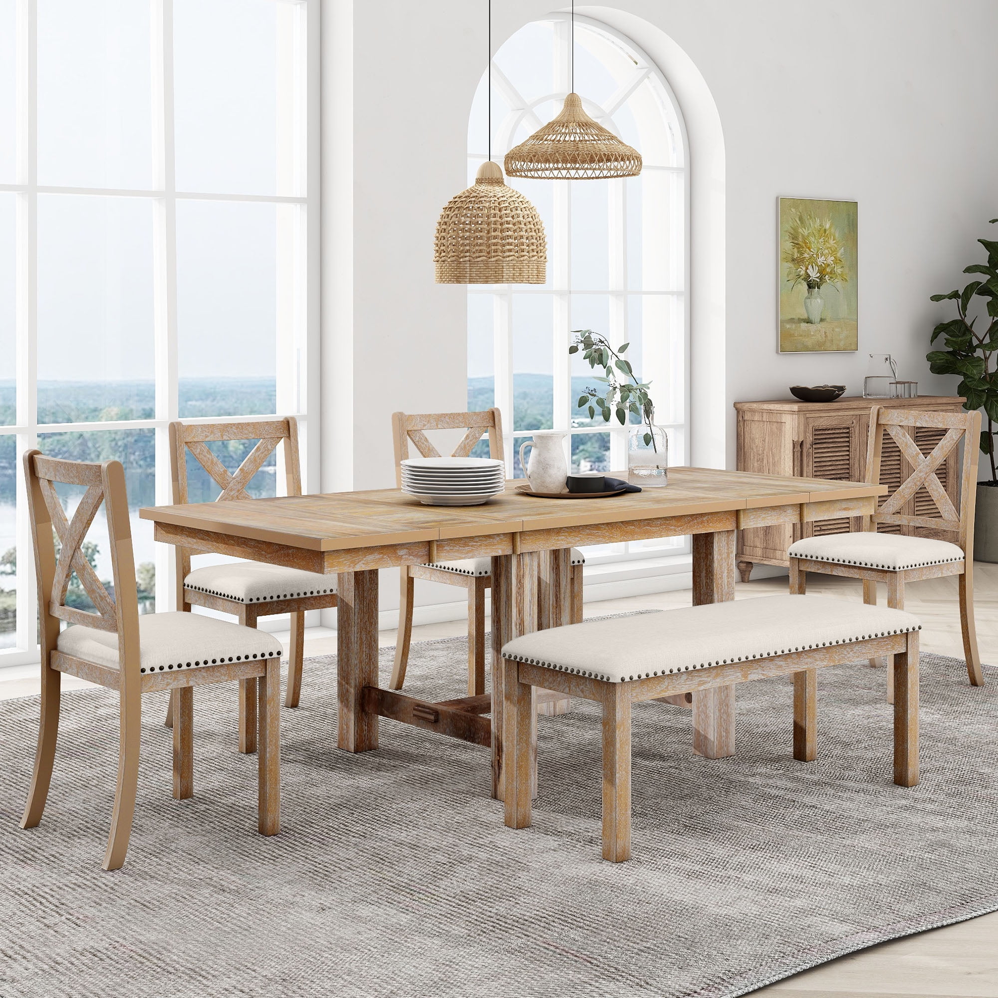 6 Piece Extendable Dining Table Set, Atumon Wood Dining Room Set for 6, Dining Table Set with 4 Beige Cushioned Chairs and Bench, Farmhouse Dining Table Set Furniture for Kitchen Dining Room, Natural