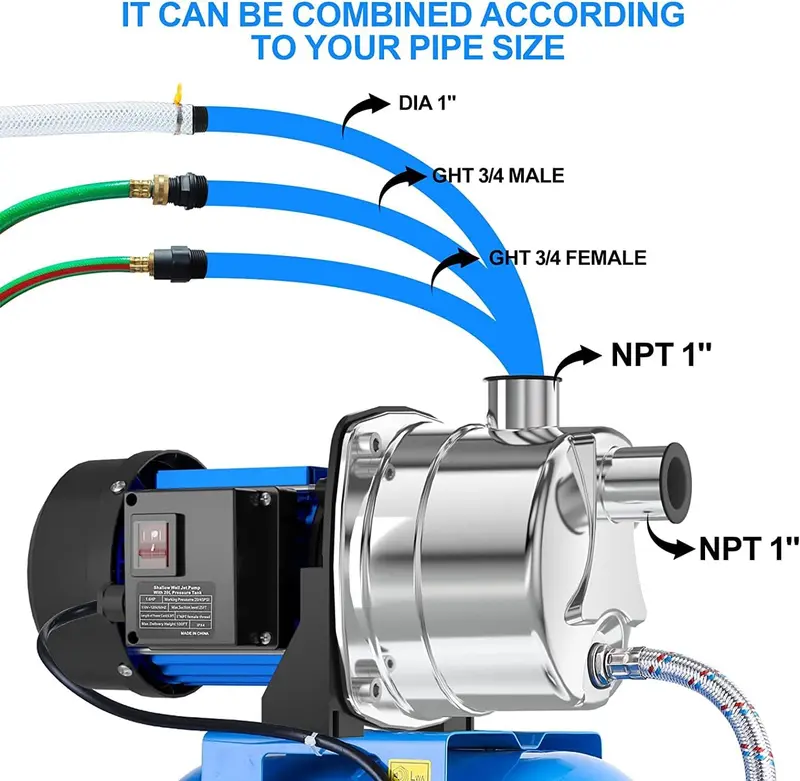 1.6 HP Stainless Steel Shallow Well Jet Pump – 1268 GPH. Includes Pressure Tank for Irrigation & Drainage
